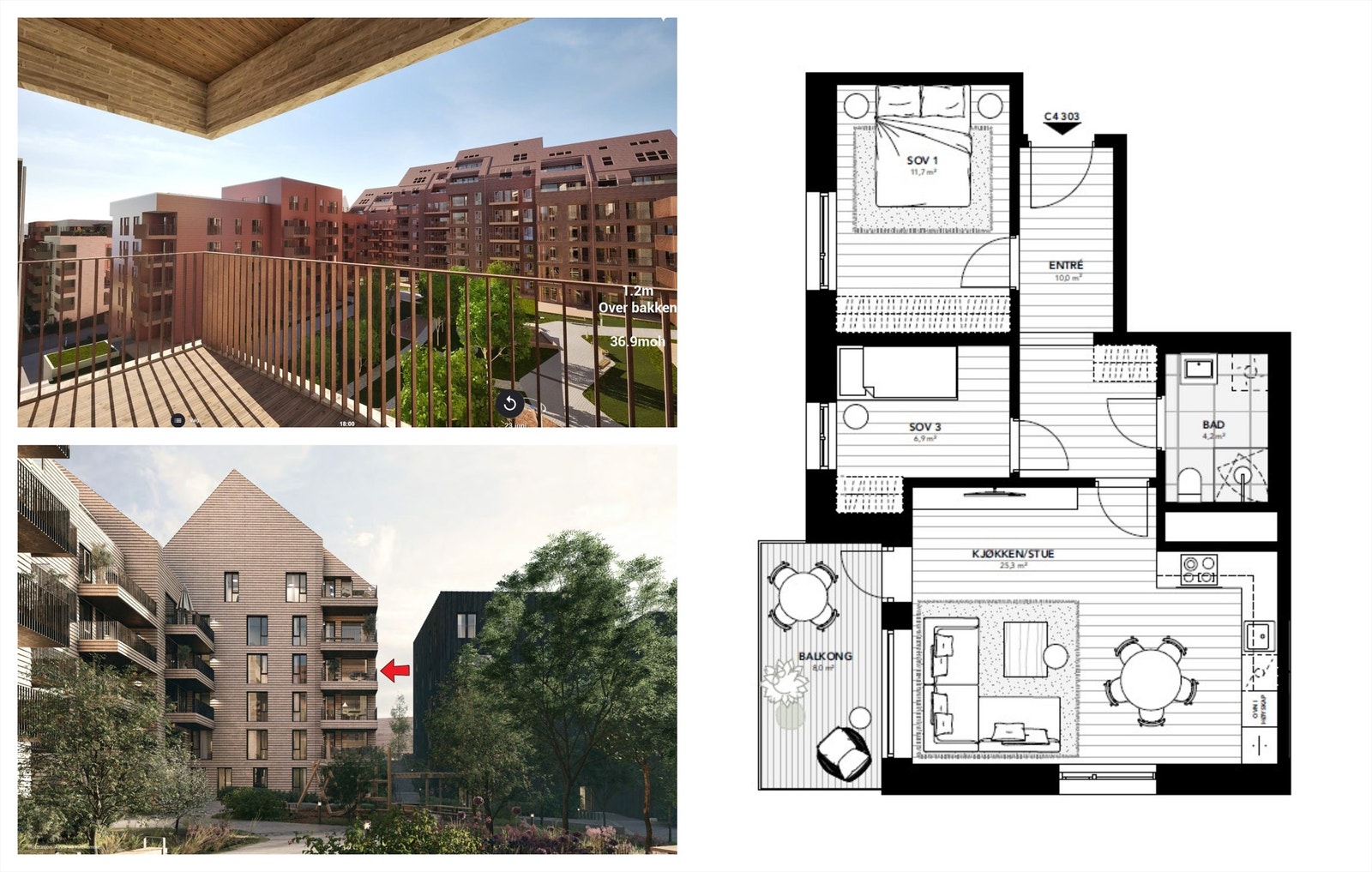 Salg av kontraktsposisjon | 3-roms hjørneleilighet i byggets 4. etasje, med nordvestvendt balkong. Est. ferdig Q1 2027 Galleribilde