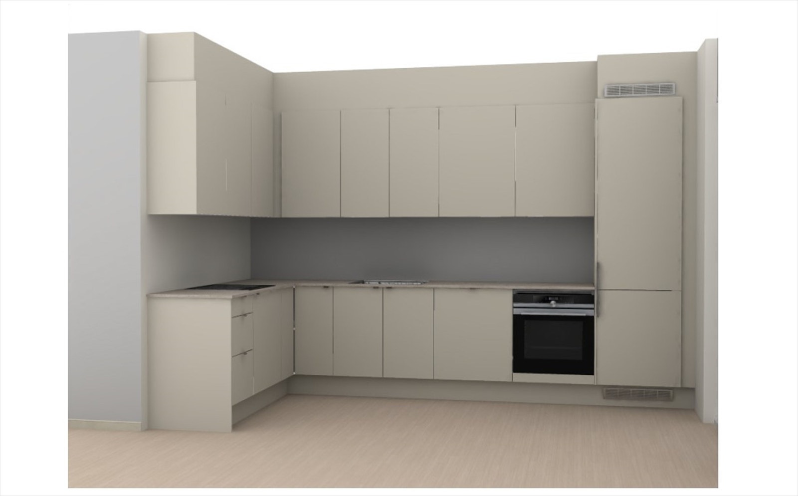 Illustrasjon kjøkkenleveranse i denne leiligheten. Sigdal er leverandør. Integrerte hvitevarer medfølger. Avvik kan forekomme. Galleribilde