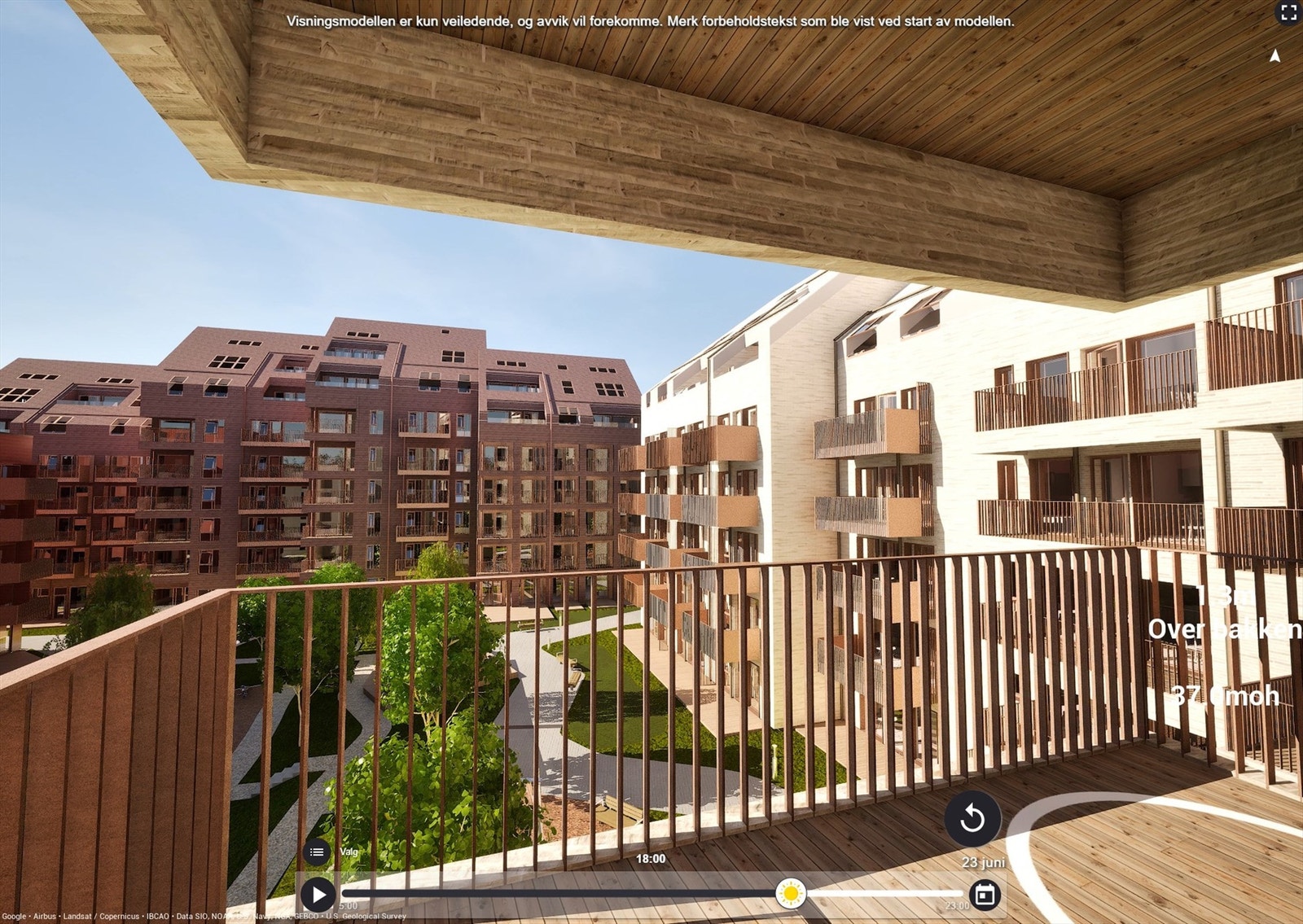 Illustrasjon | Utsyn fra nordvestvendt balkong på ca. 8 m². Her er det sol fra ca. 14:30-20:00 midtsommers, ifølge simulator. Avvik kan forekomme. Galleribilde