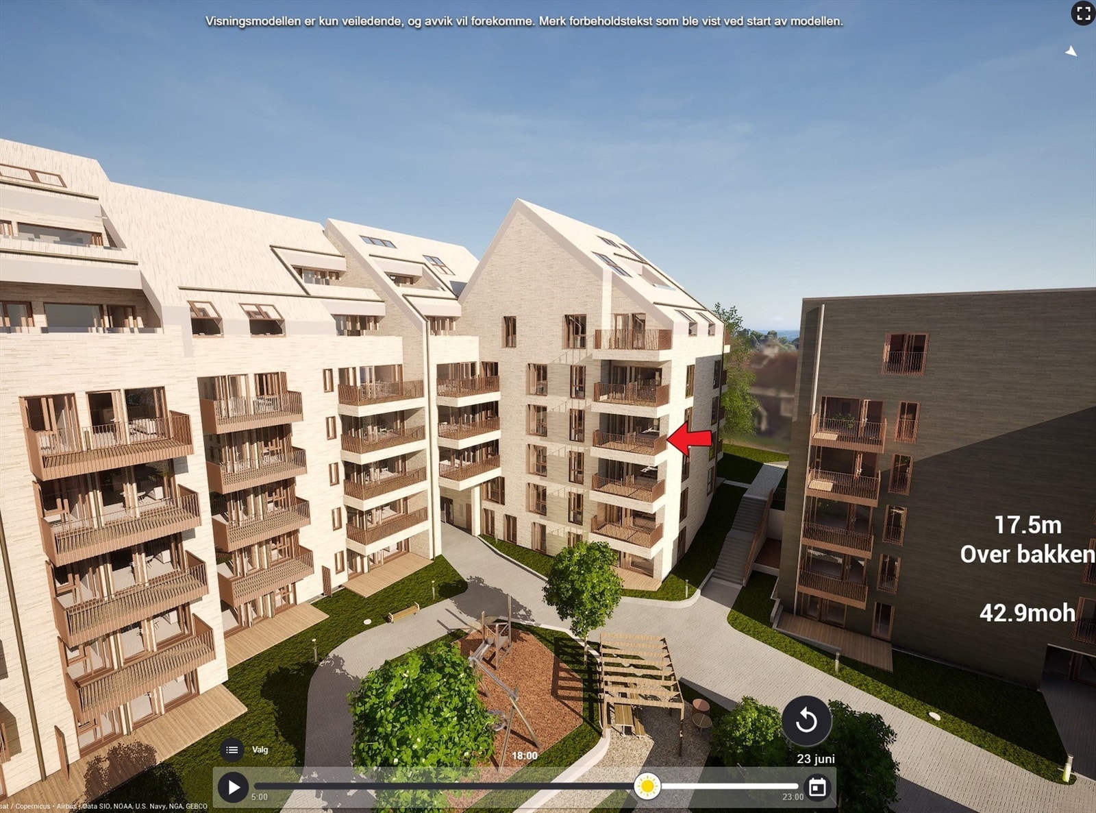 Illustrasjon | Markering av leilighetens beliggenhet. Hentet fra simulator. Avvik kan forekomme. Galleribilde