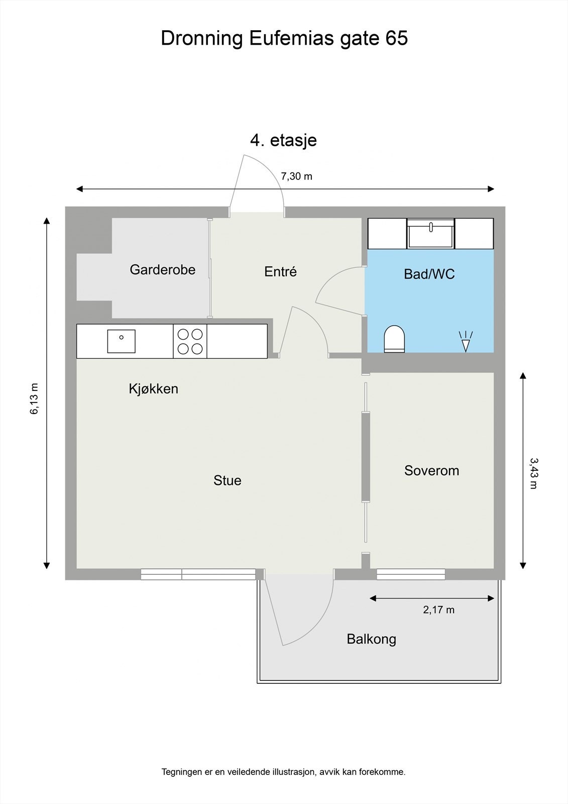 Leiligheten ligger i byggets 4. etasje og har en praktisk planløsning med romslig entré, åpen stue- og kjøkkenløsning, delikat bad og soverom. Galleribilde