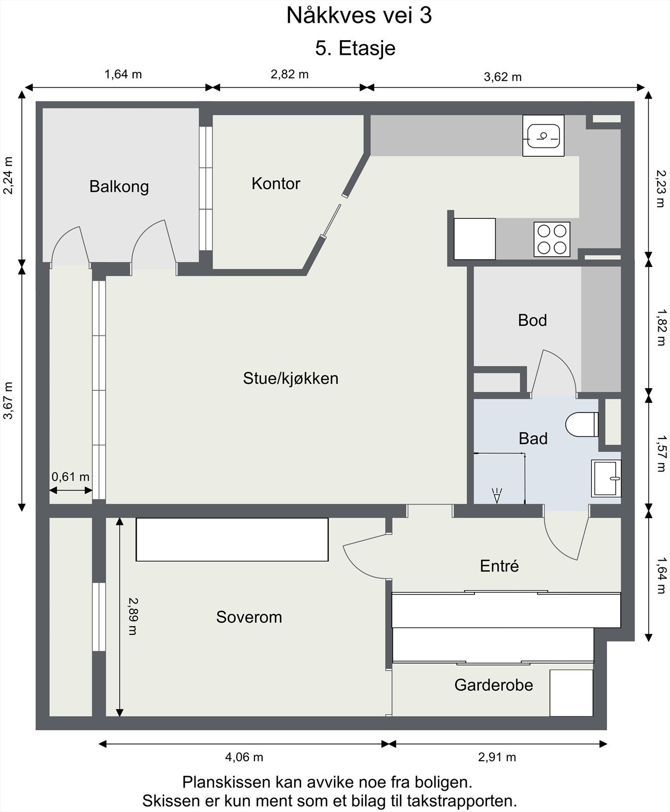 Leiligheten har en effektiv og arealsmart planløsning på 66 m² BRA, med adskilt soverom og en fleksibel kontorløsning. Galleribilde