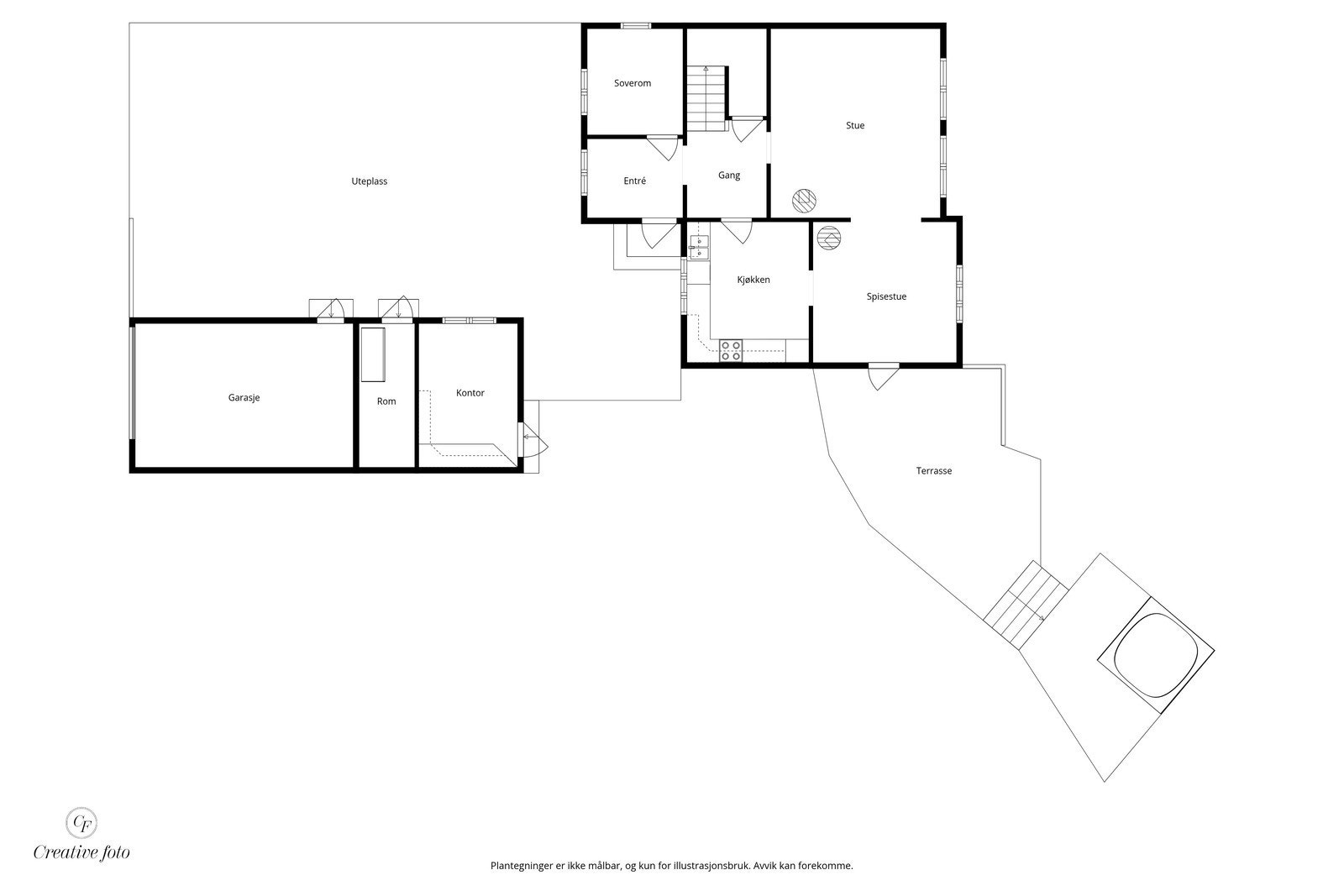 Første etasje inkluderer stue, kjøkken, spisestue og kontor/tv-stue. Det er også garasje med bod / anneks. Galleribilde