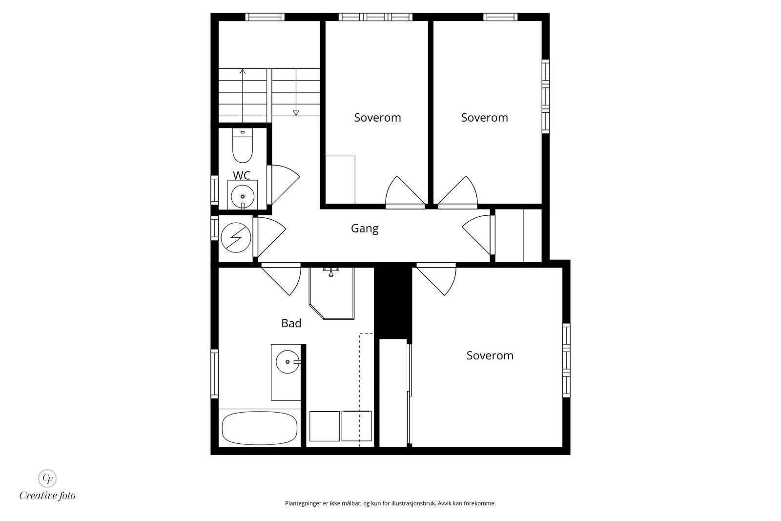 Andre etasje inneholder blant annet tre soverom, et bad/vaskerom og et separat toalett, samt en gang med trapp. Galleribilde