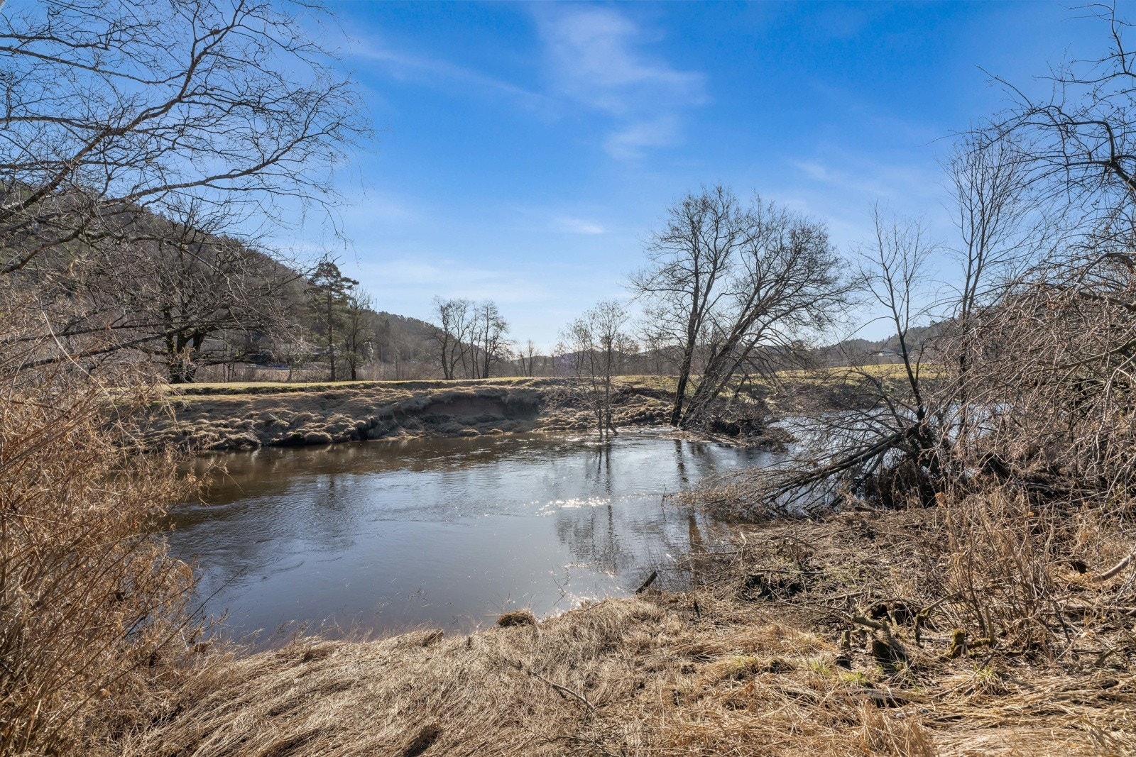 Eiendommen grenser til Songdalselva. Galleribilde
