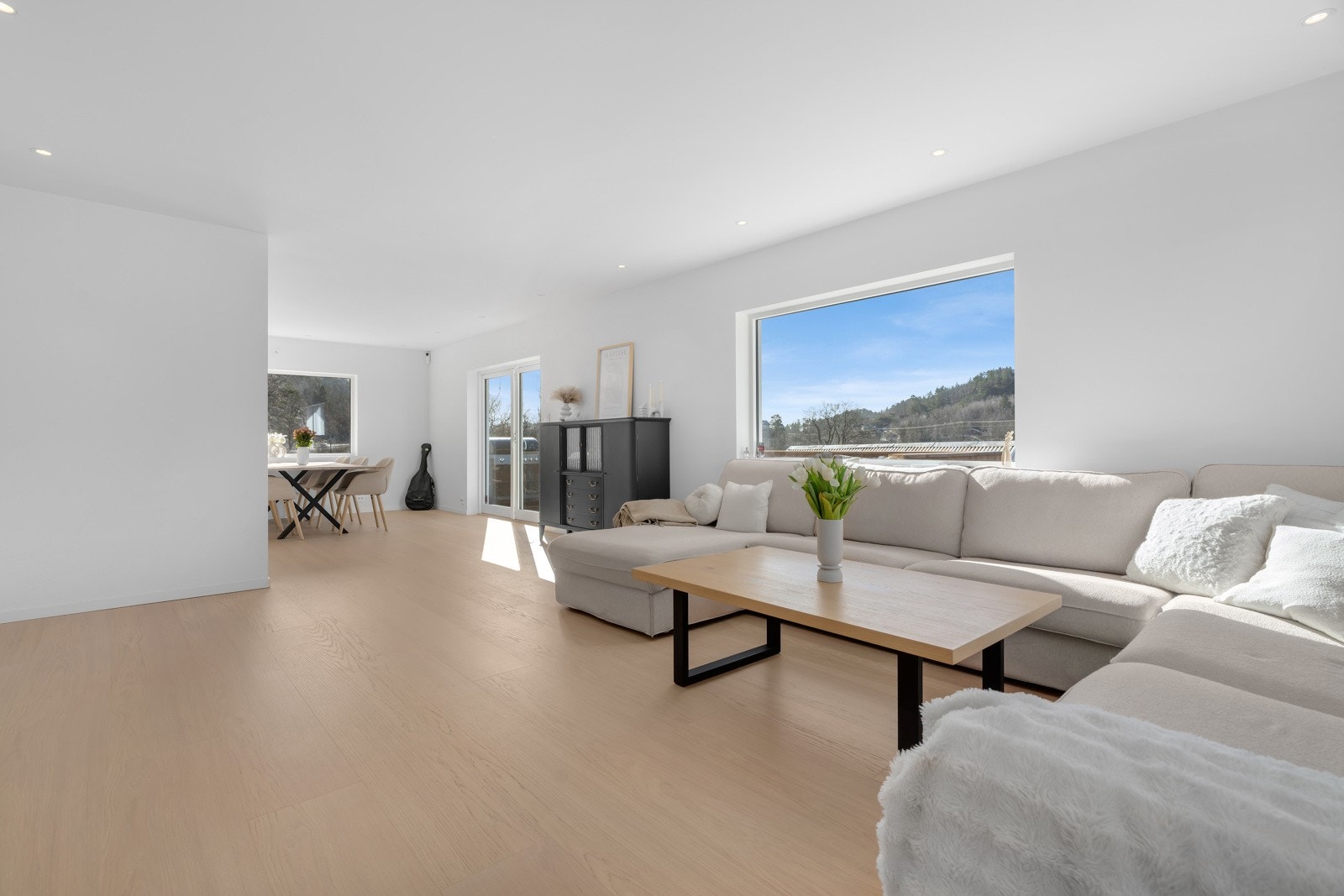 Store vindusflater og utgang til terrasse og hage. Galleribilde