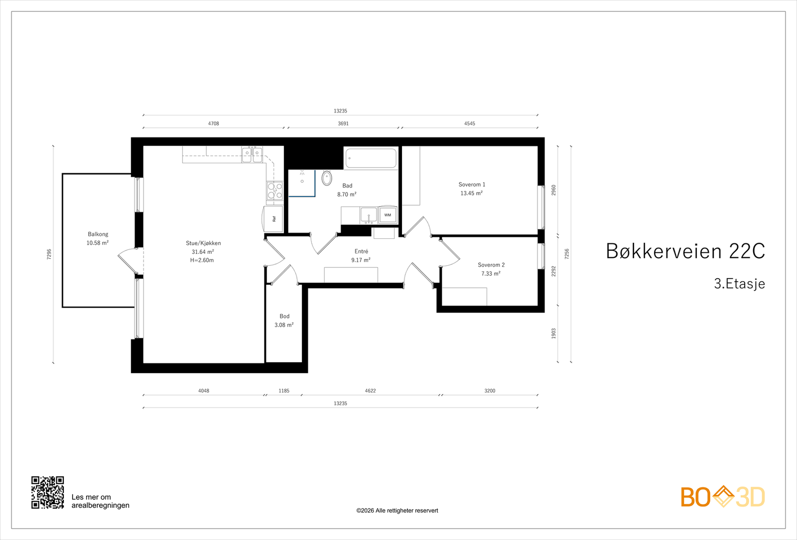 Boligen er fordelt på 78 kvm og disponerer en balkong på ca 11 kvm. Boligen disponerer også en kjellerbod på 5 kvm og garasjeplass. Galleribilde