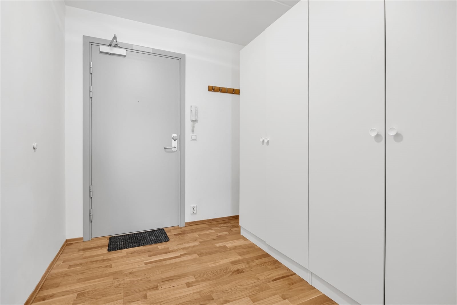 Praktisk entré med god plass til oppbevaring av yttertøy. Døren er klassifisert for brann (B30) og lyd (35dB). Galleribilde