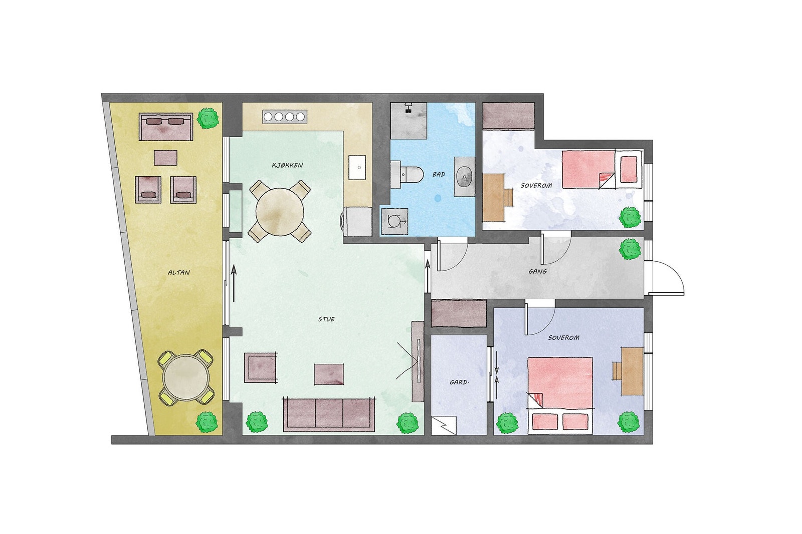 Leiligheten har et areal på 68 m² + privat terrasse på 14 m² og ekstern bod på 5 m² Galleribilde