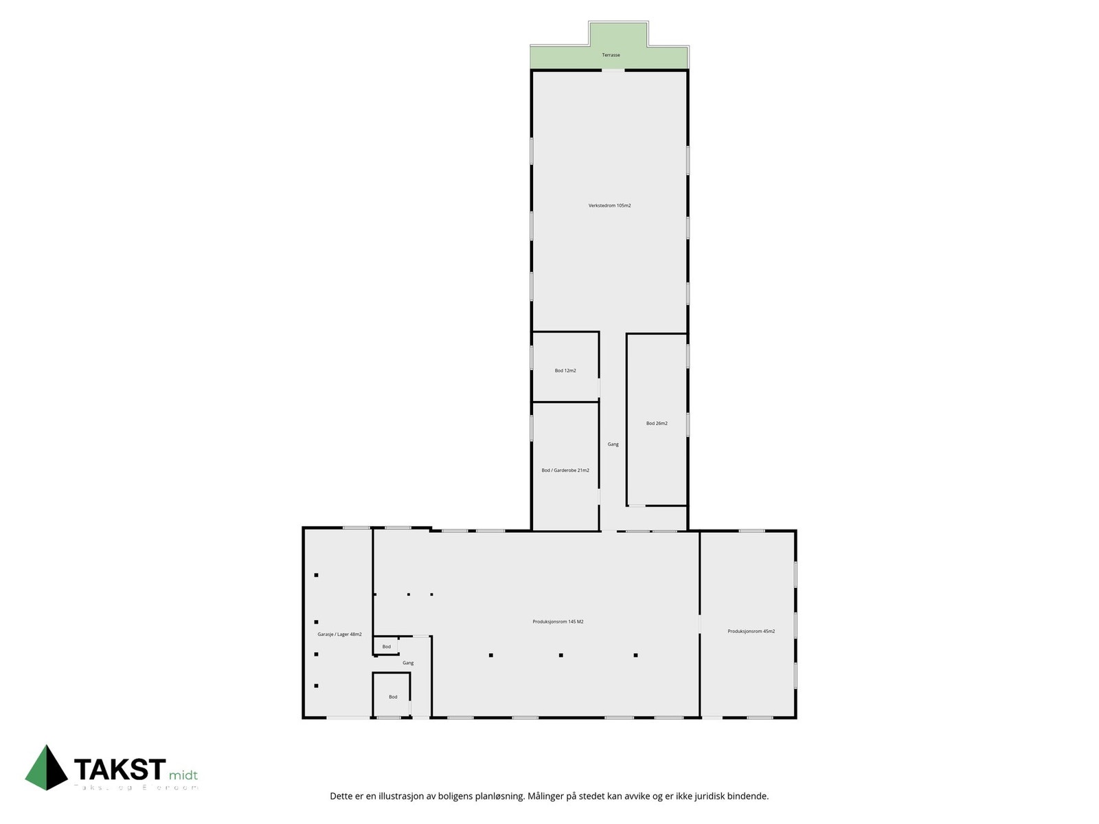 "Fjøs". Her der det ordnet to boder på ca 40 kvm og garderobe på ca 21 kvm, samt hobbyrom på 105 kvm. Galleribilde