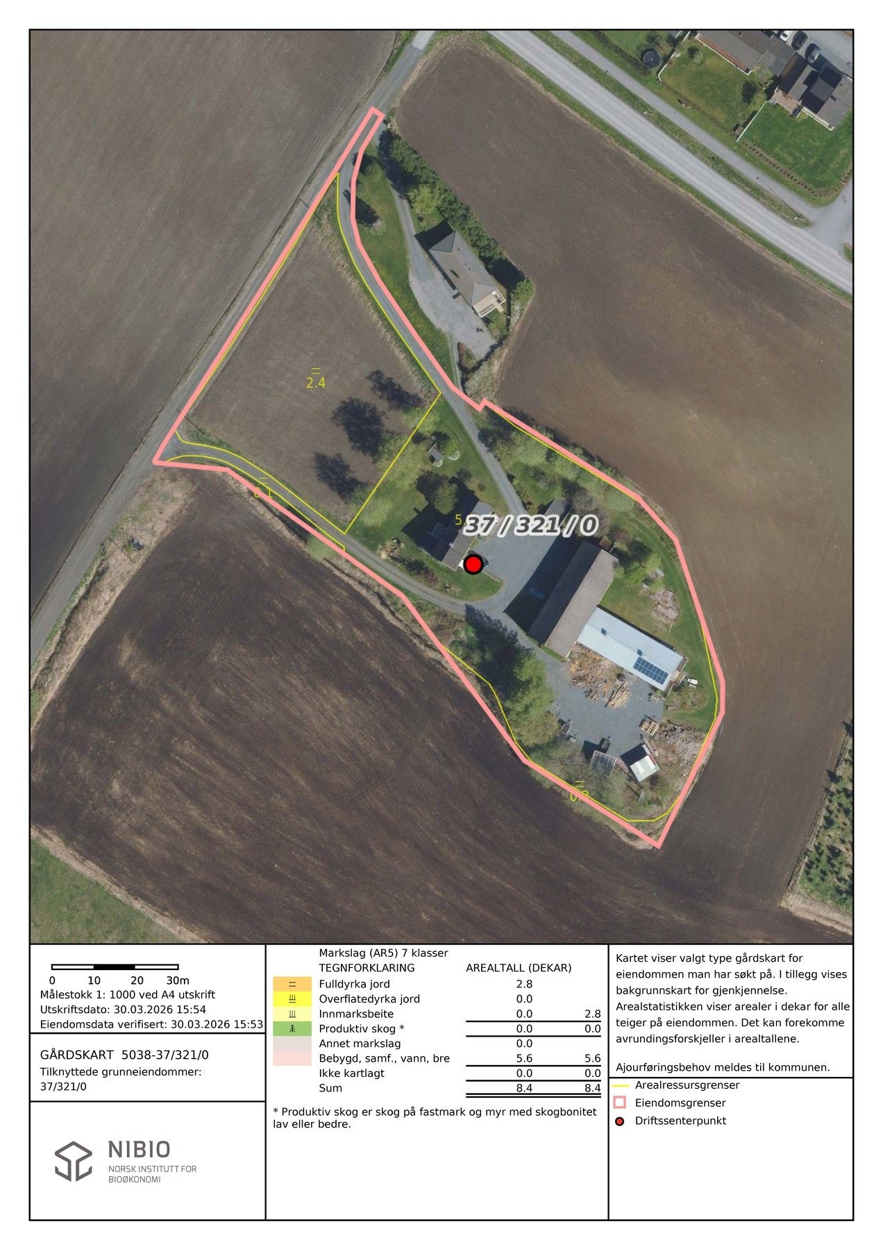 Gårdskart fra Nios. Den dyrket marka er registert som "beiteland" Galleribilde