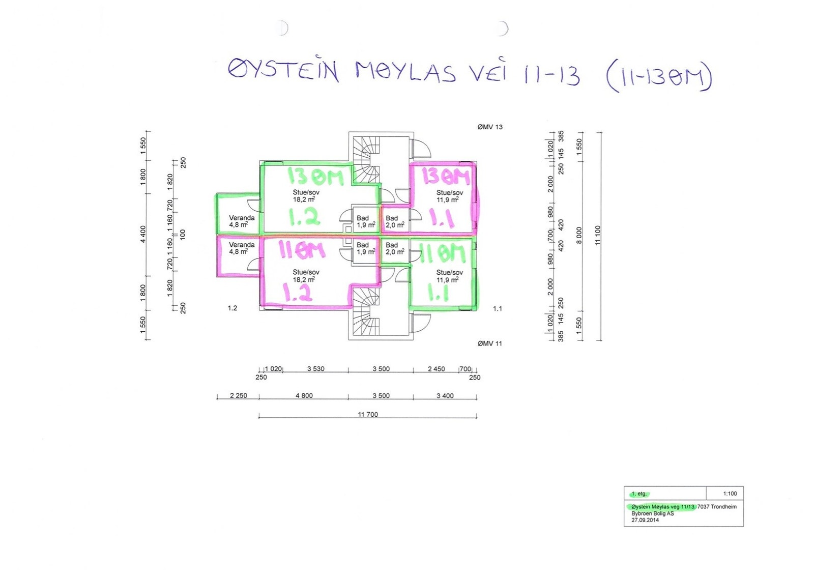 Leiligheten i Øystein Møylas veg 11 er merket 11ØM 1.2 på plantegningen. Galleribilde