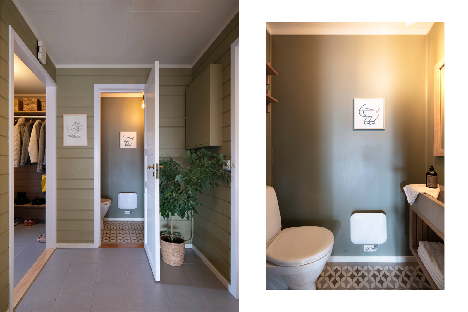 Toalettrommet har fliser på gulv, og malte flater på veggene Galleribilde