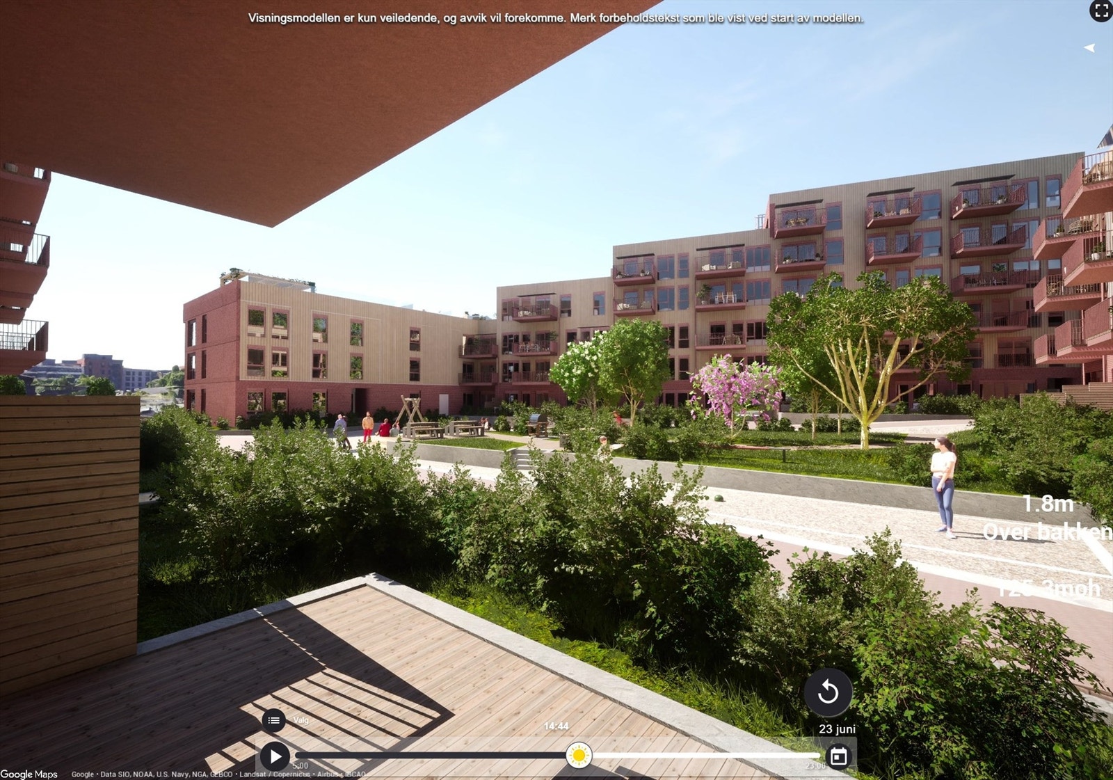 Illustrasjon utsikt fra nordvestvendt markterrasse på ca. 17 m². Her er det er sol fra rundt kl.14:45 til 19:00 midtsommers, ifølge prosjektets simulator. Avvik kan forekomme. Galleribilde