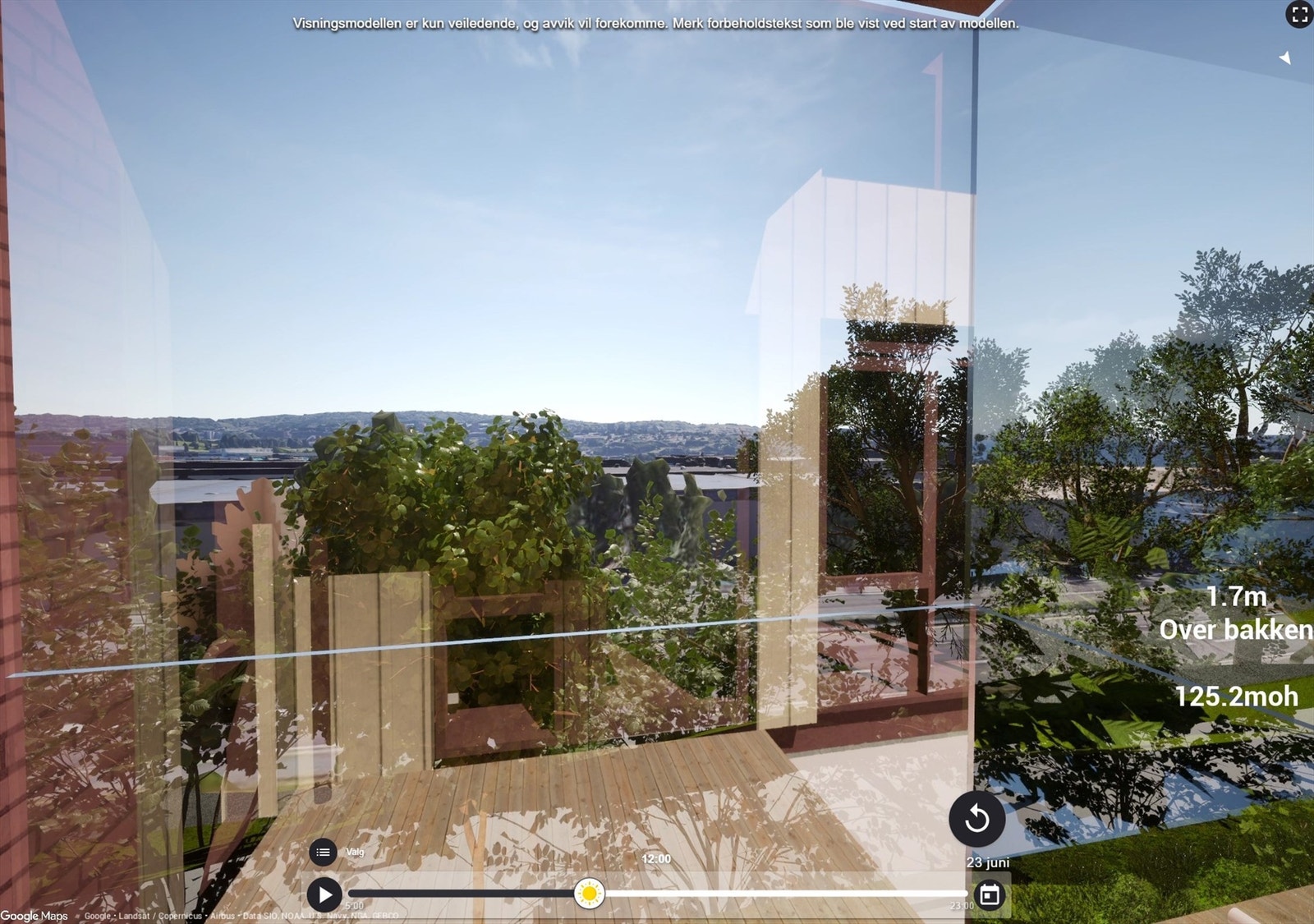 Illustrasjon utsikt fra innglasset balkong på ca. 3,9 m². Her er terrenget skrånende, sånn at man sitter hevet over terrenget. Avvik kan forekomme. Galleribilde