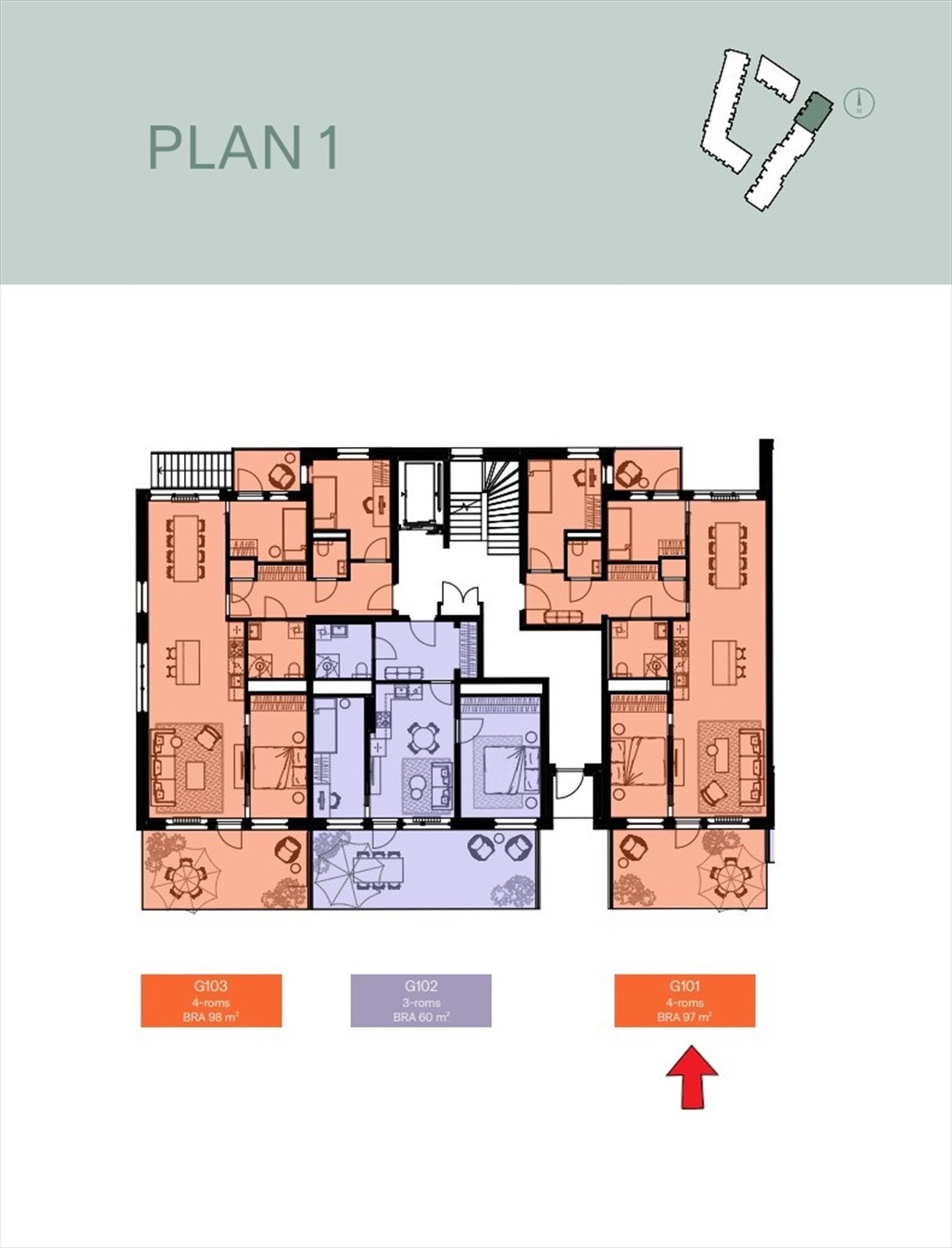 Etasjeplan med markering av leilighetens beliggenhet. Galleribilde