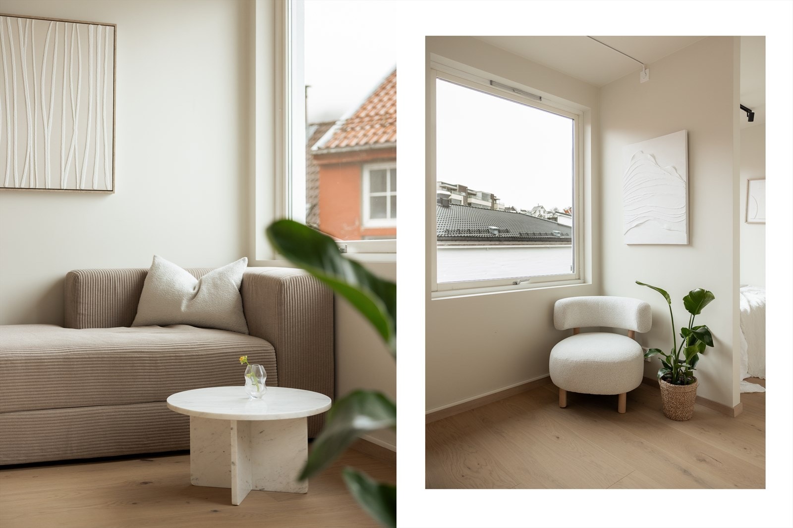 I stuedelen er det plass til en liten sittegruppe med sofa og bord Galleribilde