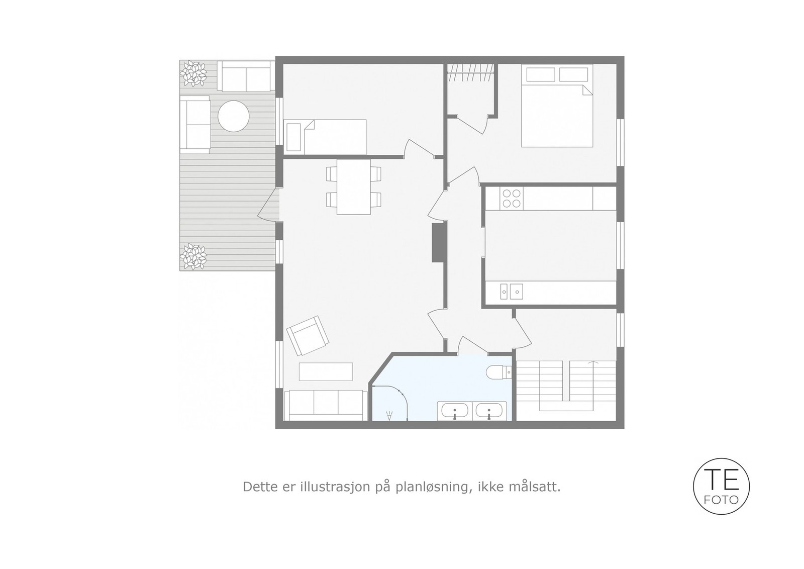 Plantegning, perfekt romfordeling for utleie. Det kan også være mulig å dele av til ett ekstra soverom Galleribilde