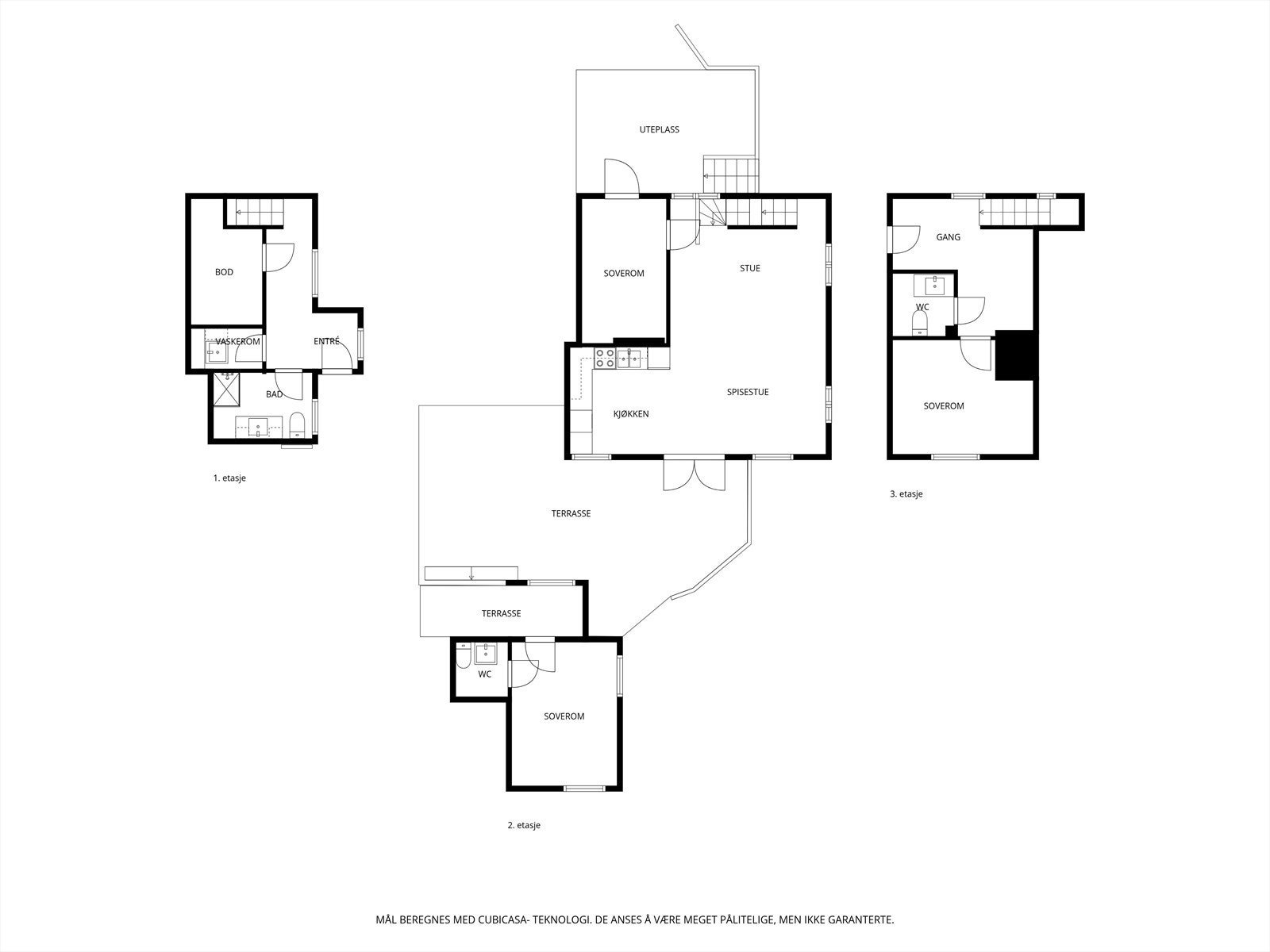 Boligens planløsning gir en oversikt over de ulike etasjene og deres funksjoner. Galleribilde