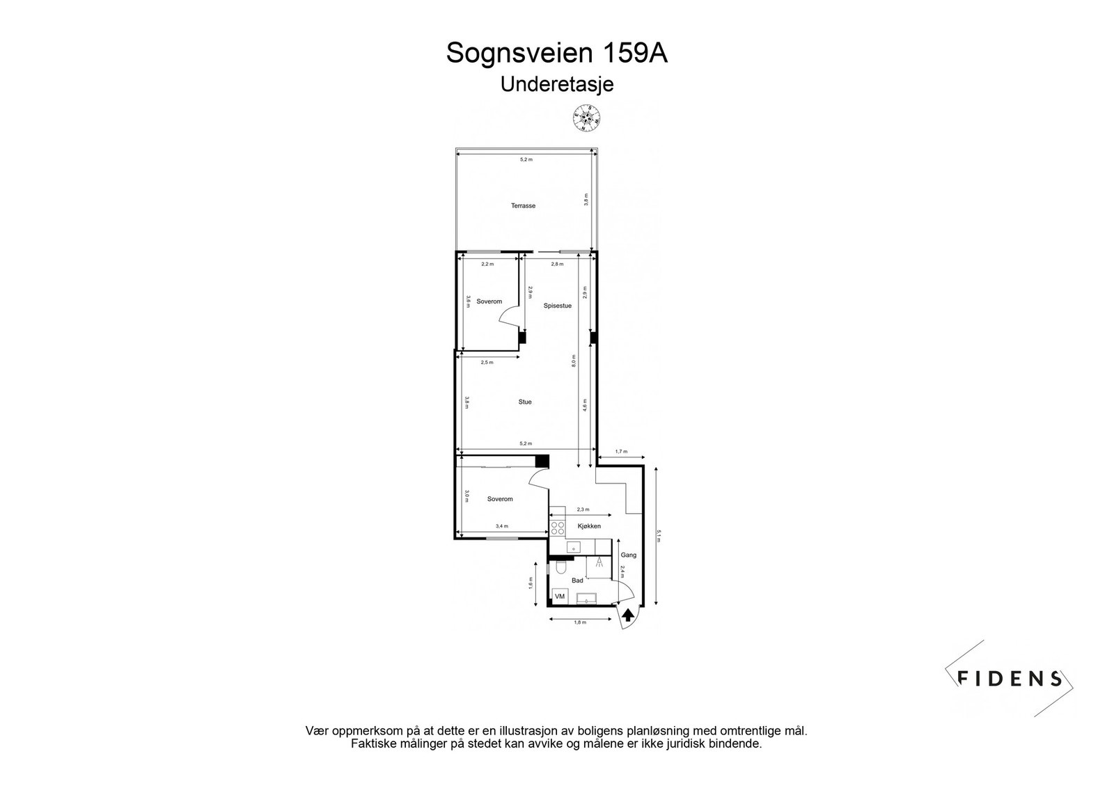 Plantegningen inneholder baderom, kjøkken, to soverom, stue med plass til spisestue og terrasse. Galleribilde