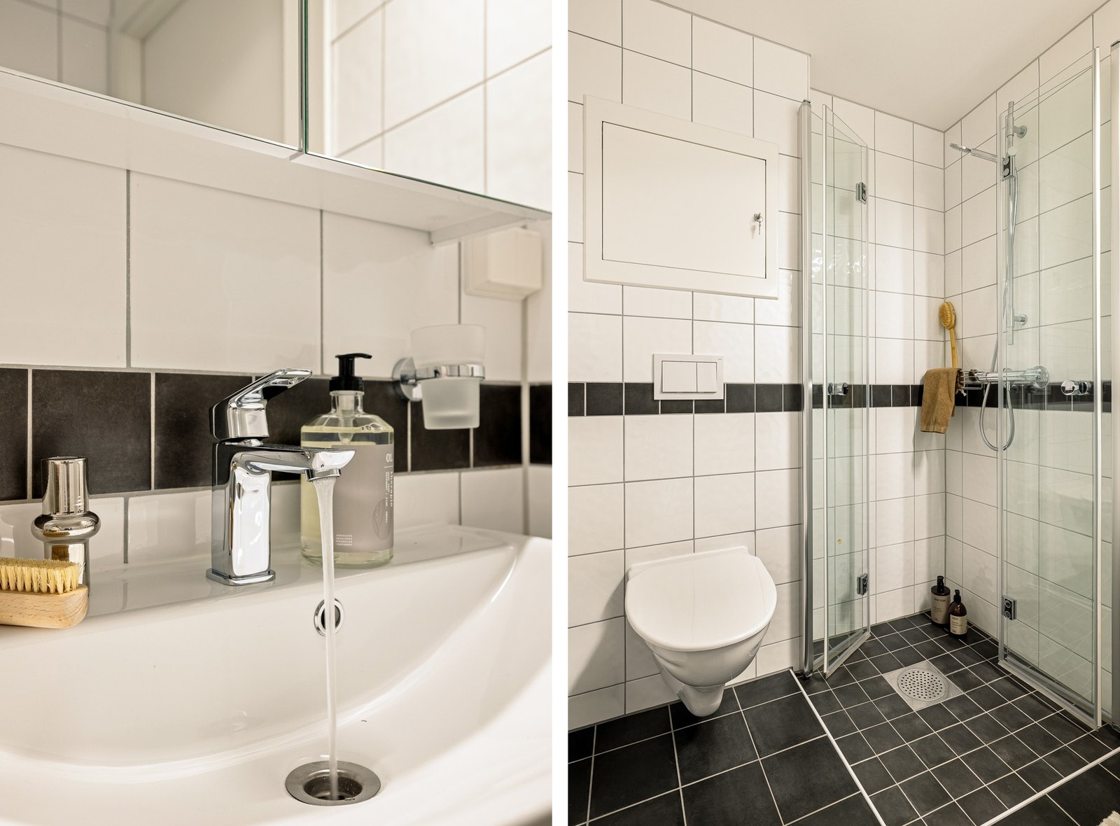 Det er helfliset med innfelte downlights i tak, varmekabler i gulv og rør-i-rør system. Galleribilde