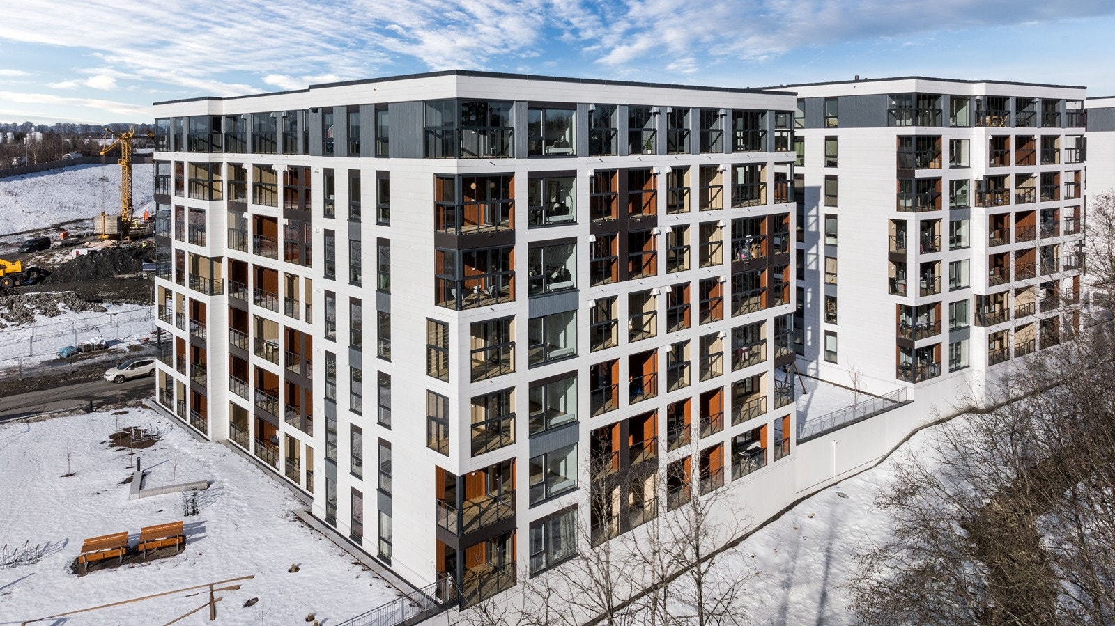 Bygg M består av 63 boligenheter, nyoppført i 2026. Galleribilde