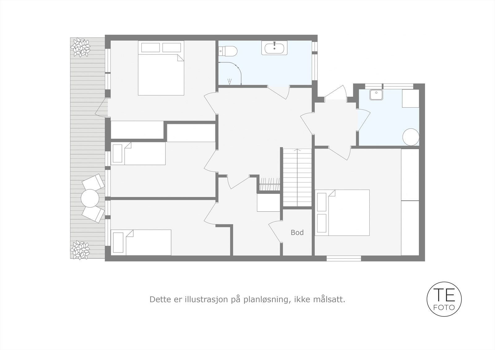 Alternativ plantegning - Opprinnelig var det ytterligere ett soverom i denne etasjen, dette kan enkelt tilbakeføres Galleribilde