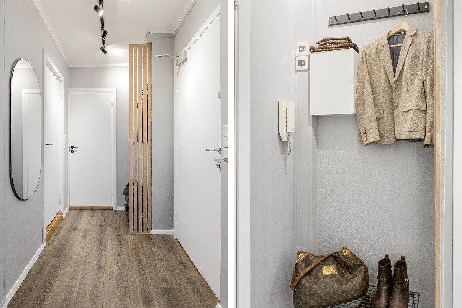 Praktisk entré med plass til oppbevaring av sko og oppheng av yttertøy. Galleribilde