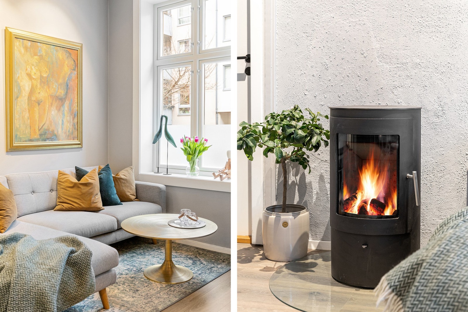 Stuen er utstyrt med en effektiv peisovn. Galleribilde