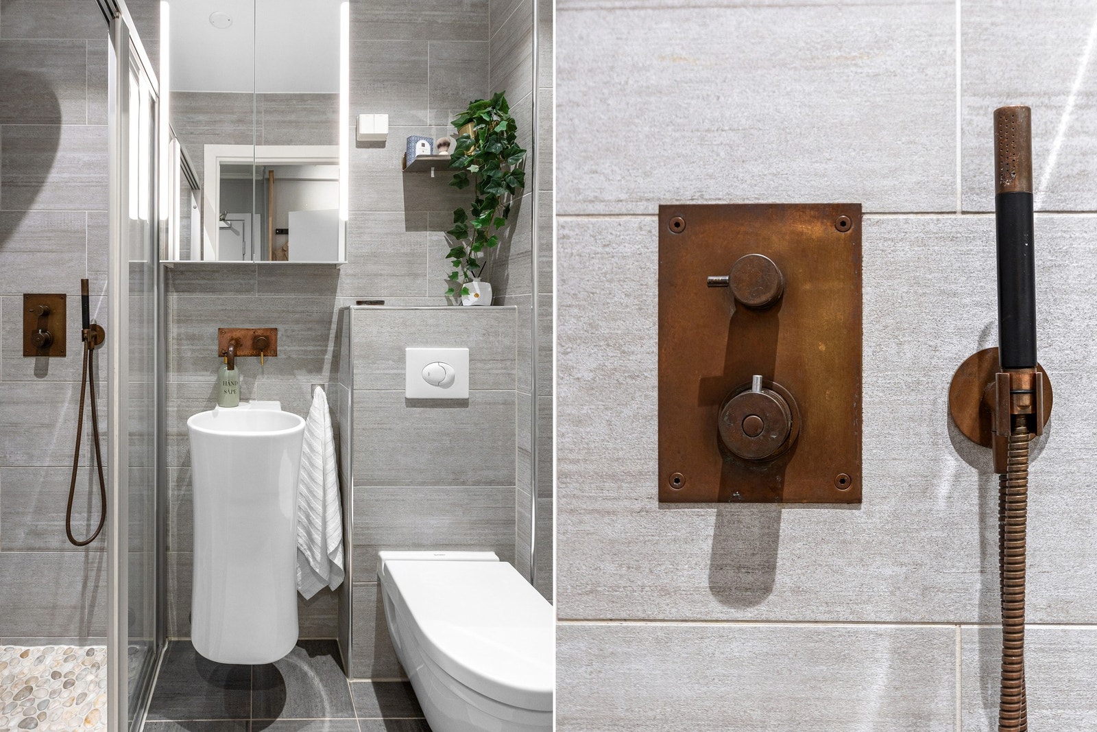 Badet er utstyrt med dusjsone med skyvedører av glass og metall, samt dusjarmatur tilkoblet både hånddusj og regndusj. Galleribilde