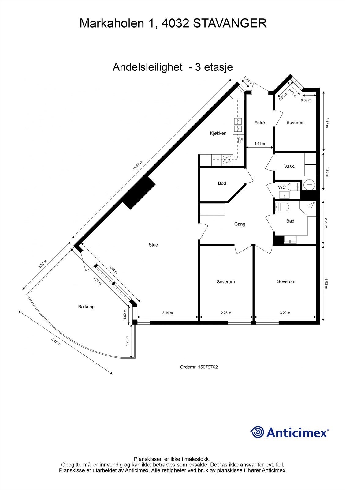 Leiligheten har en arealeffektiv planløsning med tre soverom, separat vaskerom og gjeste-WC. Galleribilde