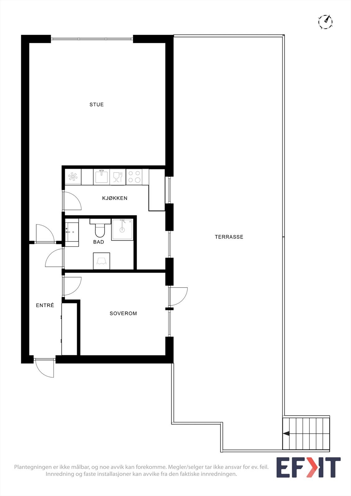 Leiligheten har en arealeffektiv planløsning på 57 m² med alle rom på ett plan. Galleribilde