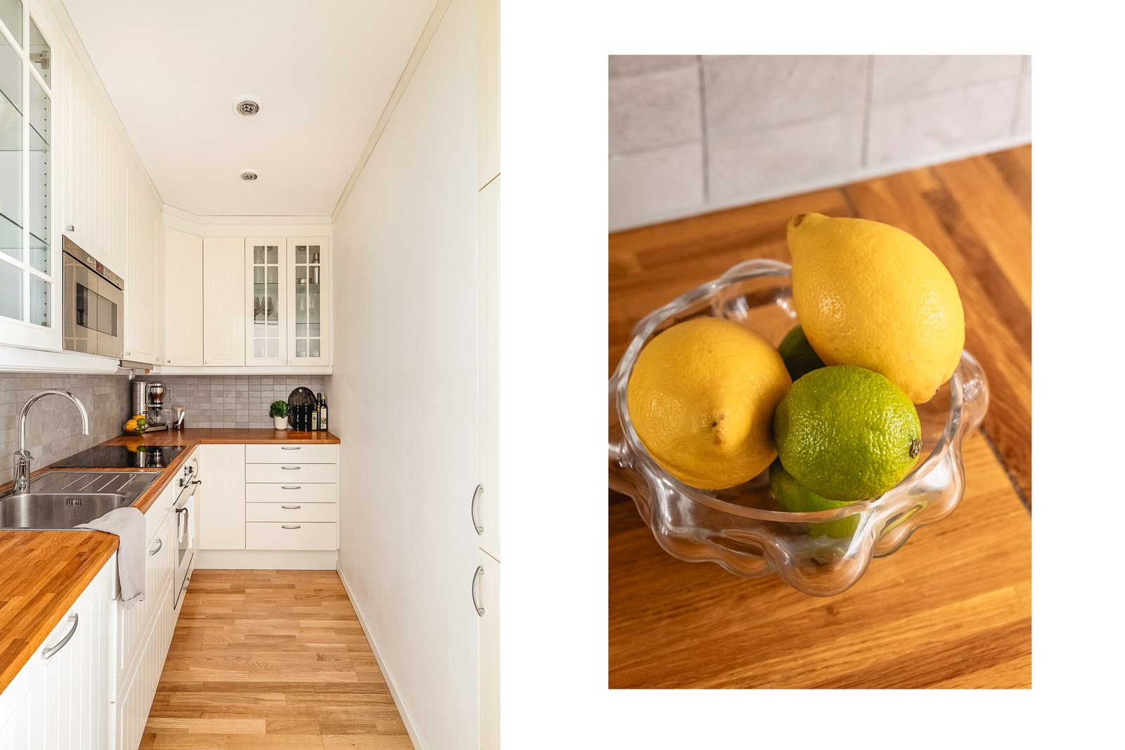 - Kjøkkenet er lyst og funksjonelt, med innredning fra IKEA fra 2013 med glatte fronter, vitrineskap og benkeplate i heltre - Galleribilde