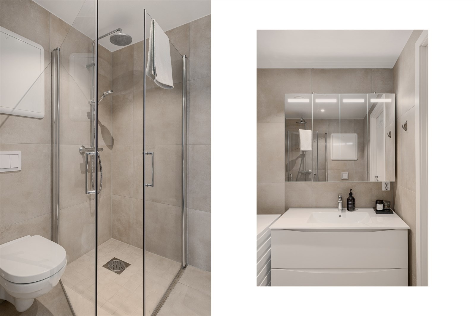 - Badet er innredet med dusjhjørne med foldedører, vegghengt toalett, heldekkende servant, speilskap med belysning og opplegg for vaskemaskin - Galleribilde