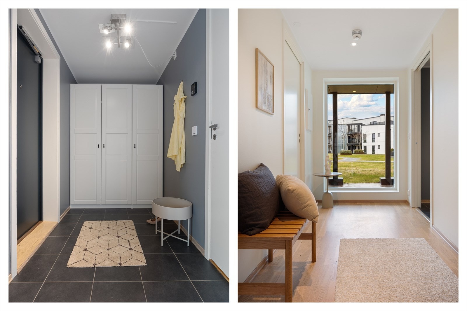 Romslig entré hvor gulvet er belagt med keramiske fliser som gjør det enkelt å holde rent, og garderobeskapet sørger for at det alltid er god plass til ytterklær og sko. Galleribilde