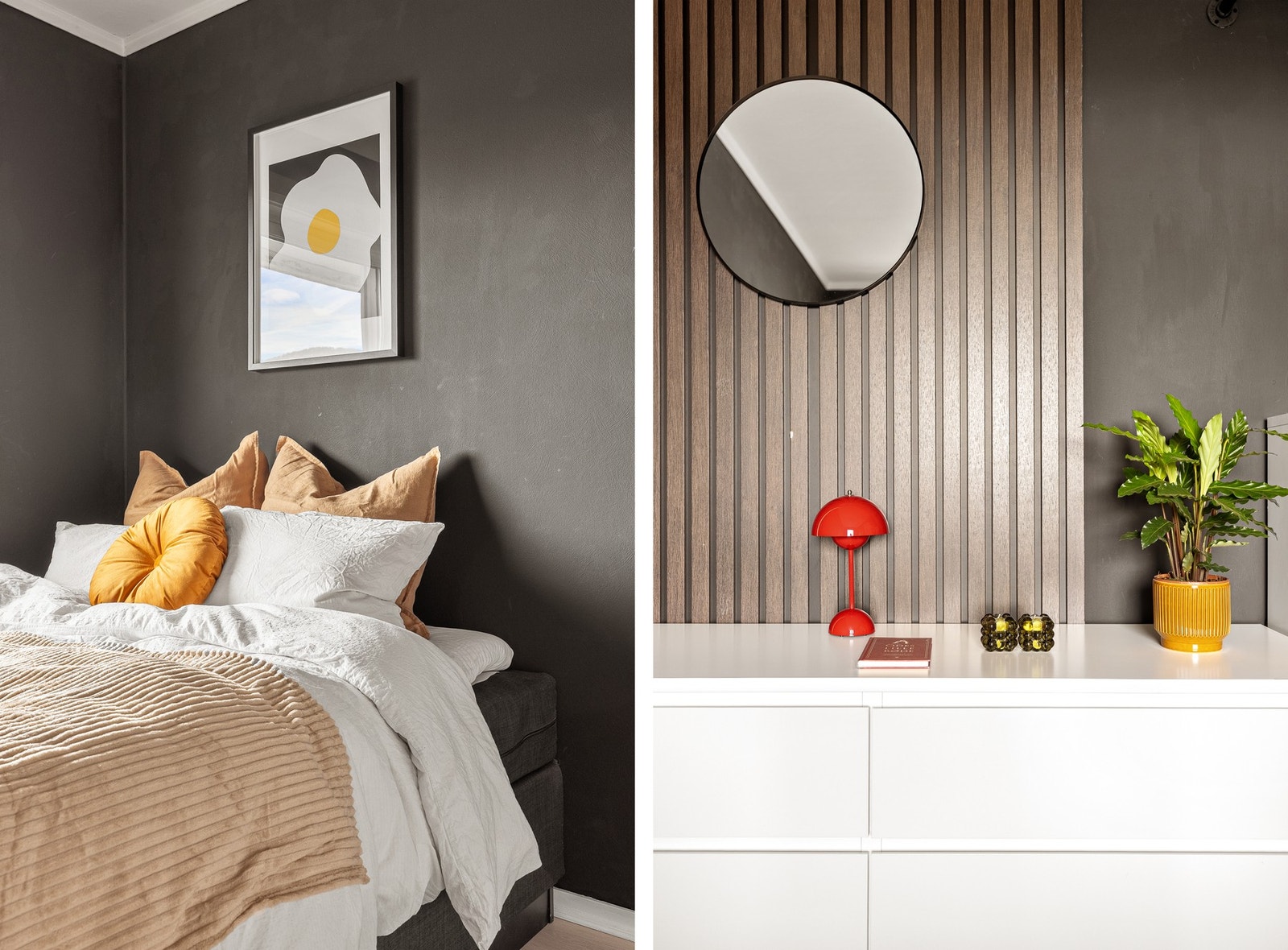 Flott spilevegg og god oppbevaringsplass i kommoder på soverom. Galleribilde