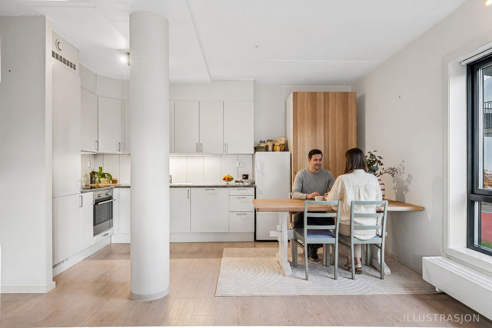 Her er det god plass til både matlaging og hygge. (AI generert) Galleribilde