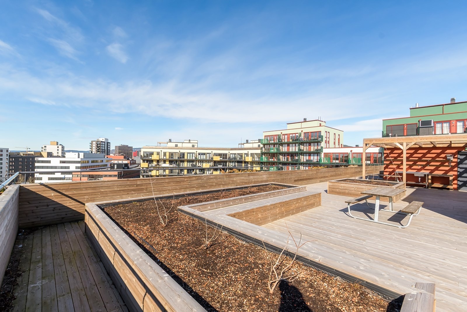 Felles takterrasse med pergola, hyggelig beplantning og flere sitteområder for beboerne. Galleribilde