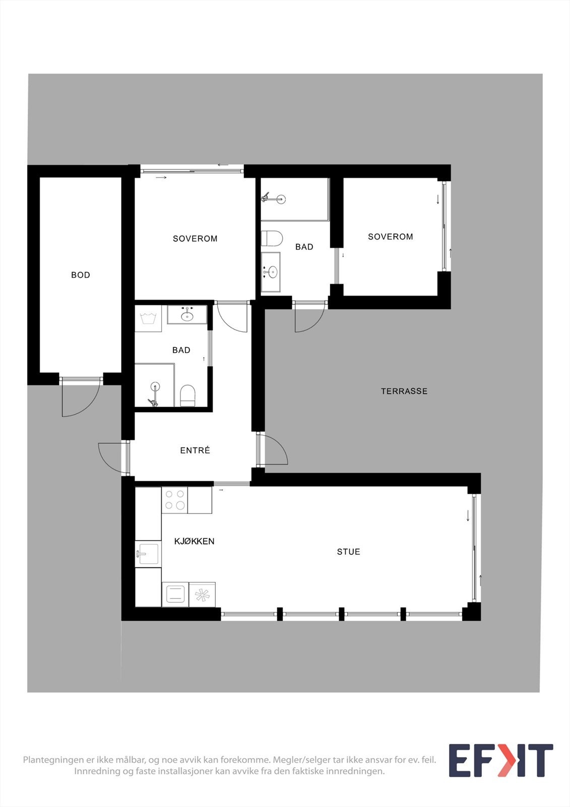 La oss se på plantegningen; Fra entreen kommer du inn til kombinert stue og kjøkken med store vindu i front. Til venstre finner du et hovedsoverom og et lekkert bad. Fra markterrassen er det adgang til anneks. Galleribilde