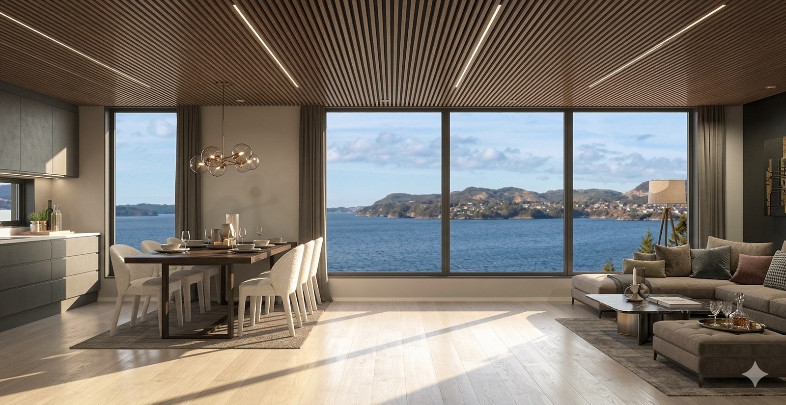 Boligtomt med rammetillatelse for oppføring av 2-mannsbolig. Illustrajonsbilde stue- kjøkkenløsning. Her ser man mot vest. Tenk å bo her? Galleribilde