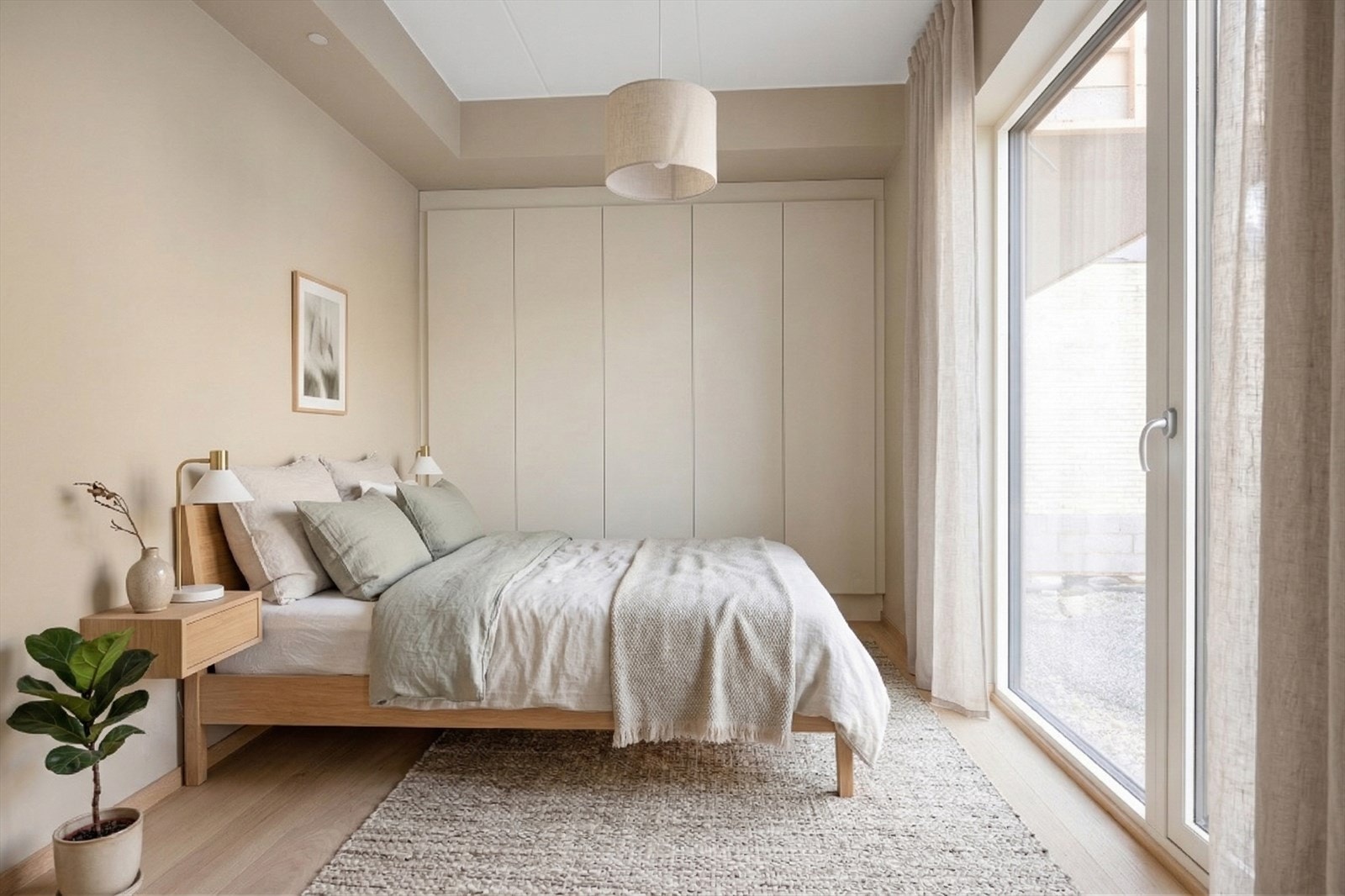 Ca. 10,4 kvm soverom m. plass til dobbeltseng og garderobe. Foto redigert med KI. Skyvedørsgarderobe medfølger ikke. Galleribilde