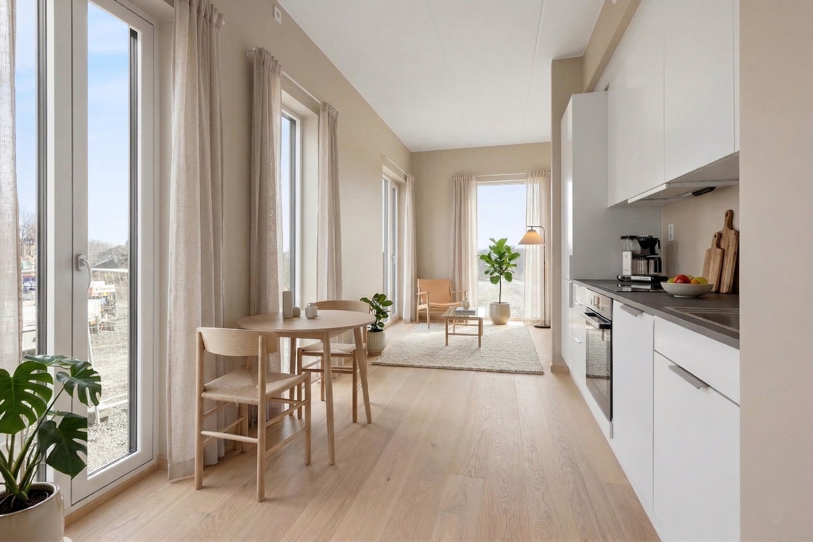 Nytt kjøkken fra Studio Sigdal. Stilretning Den Varme. Klargjort for integrering av hvitevarer(medfølger ikke). Foto redigert med KI. Galleribilde