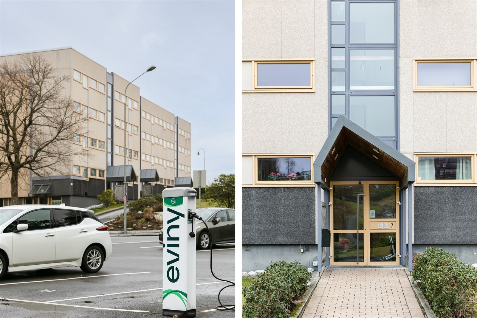 Det er muligheter for elbil lading like utenfor blokken. Det er ifølge styret tilgjengelig parkering til leie gjennom borettslaget. Galleribilde