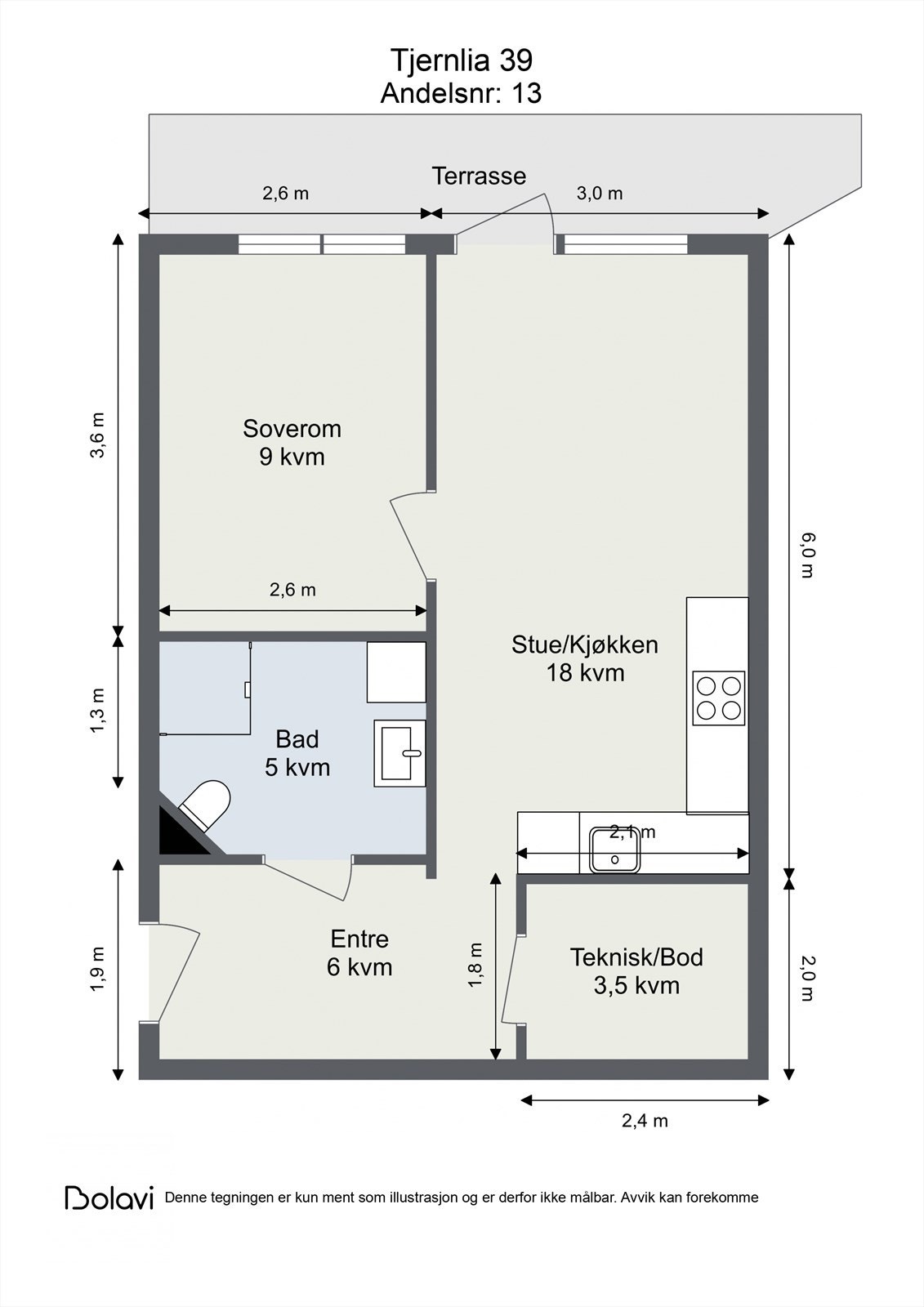 Leiligheten ligger i 3. etasje og inneholder entré, teknisk rom/bod, bad, soverom og åpen stue/kjøkkenløsning med utgang til terrasse. I tillegg disponerer leiligheten en kjellerbod. Galleribilde
