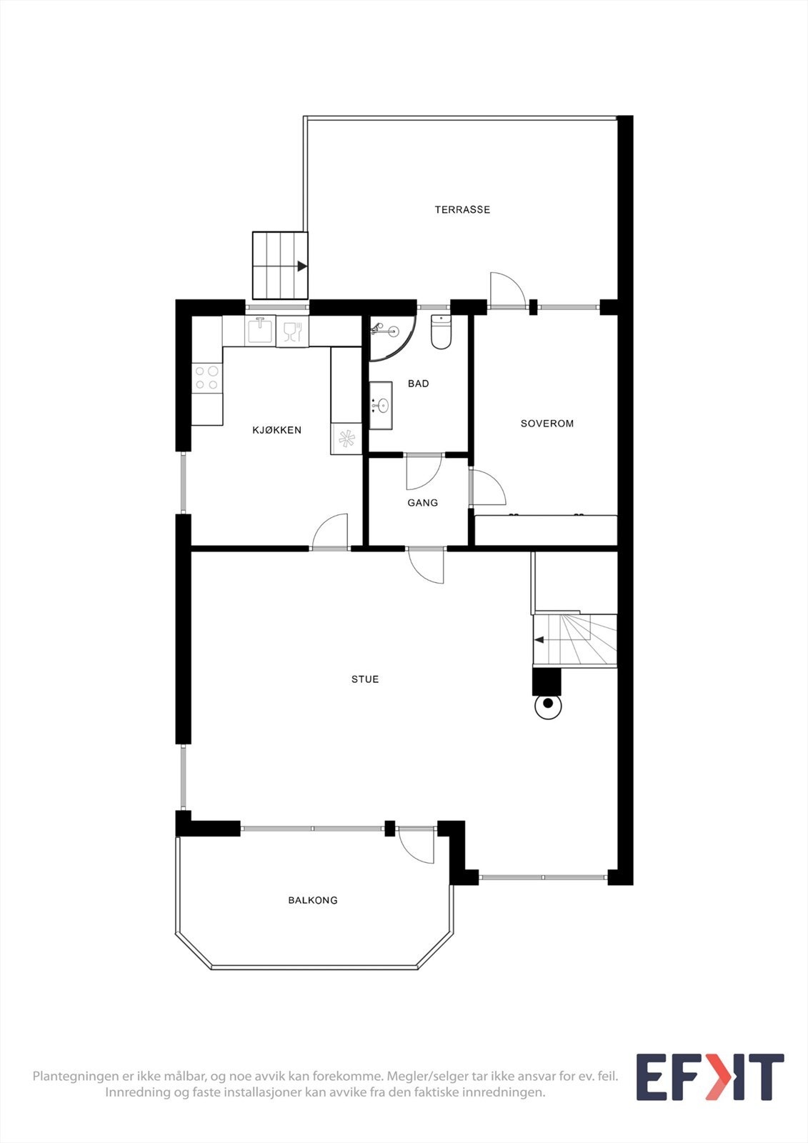 Hovedetasjen består av en romslig stue, kjøkken, bad og ett soverom, med utgang til både altan og terrasse. Galleribilde