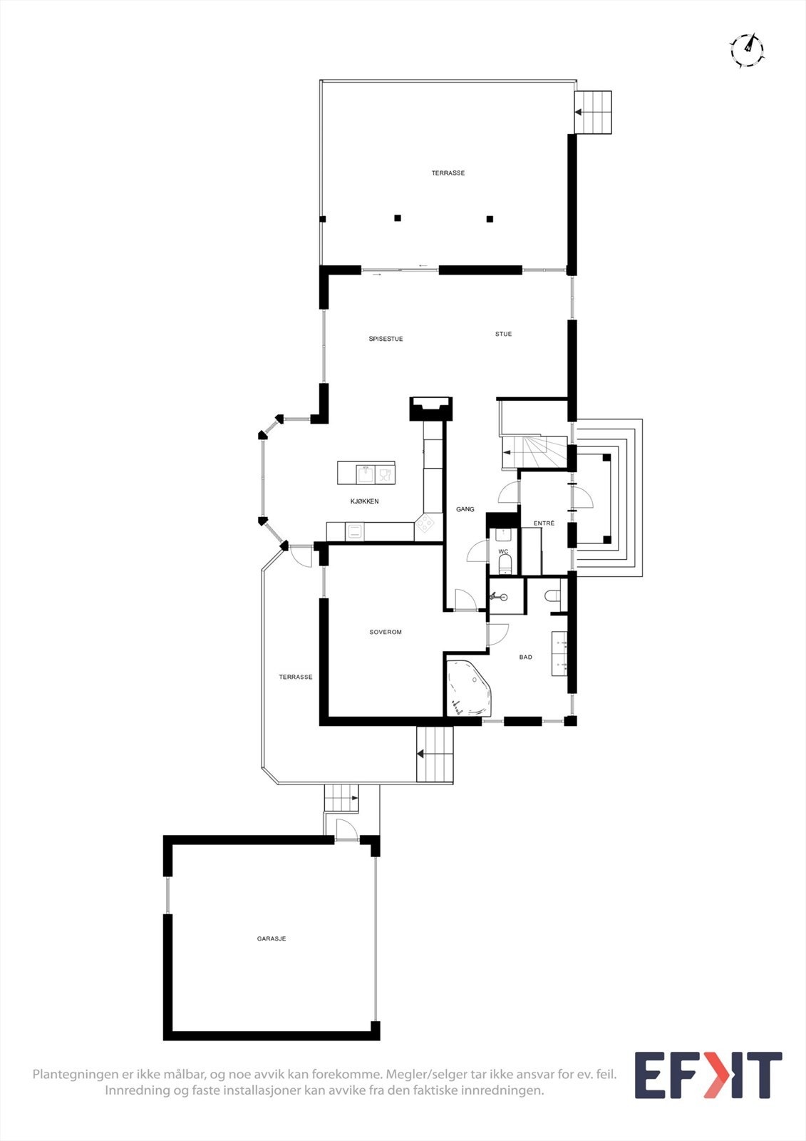 Hovedetasjen har en sosial planløsning med åpen stue- og kjøkkenløsning, hovedsoverom og direkte utgang til terrasse. Galleribilde