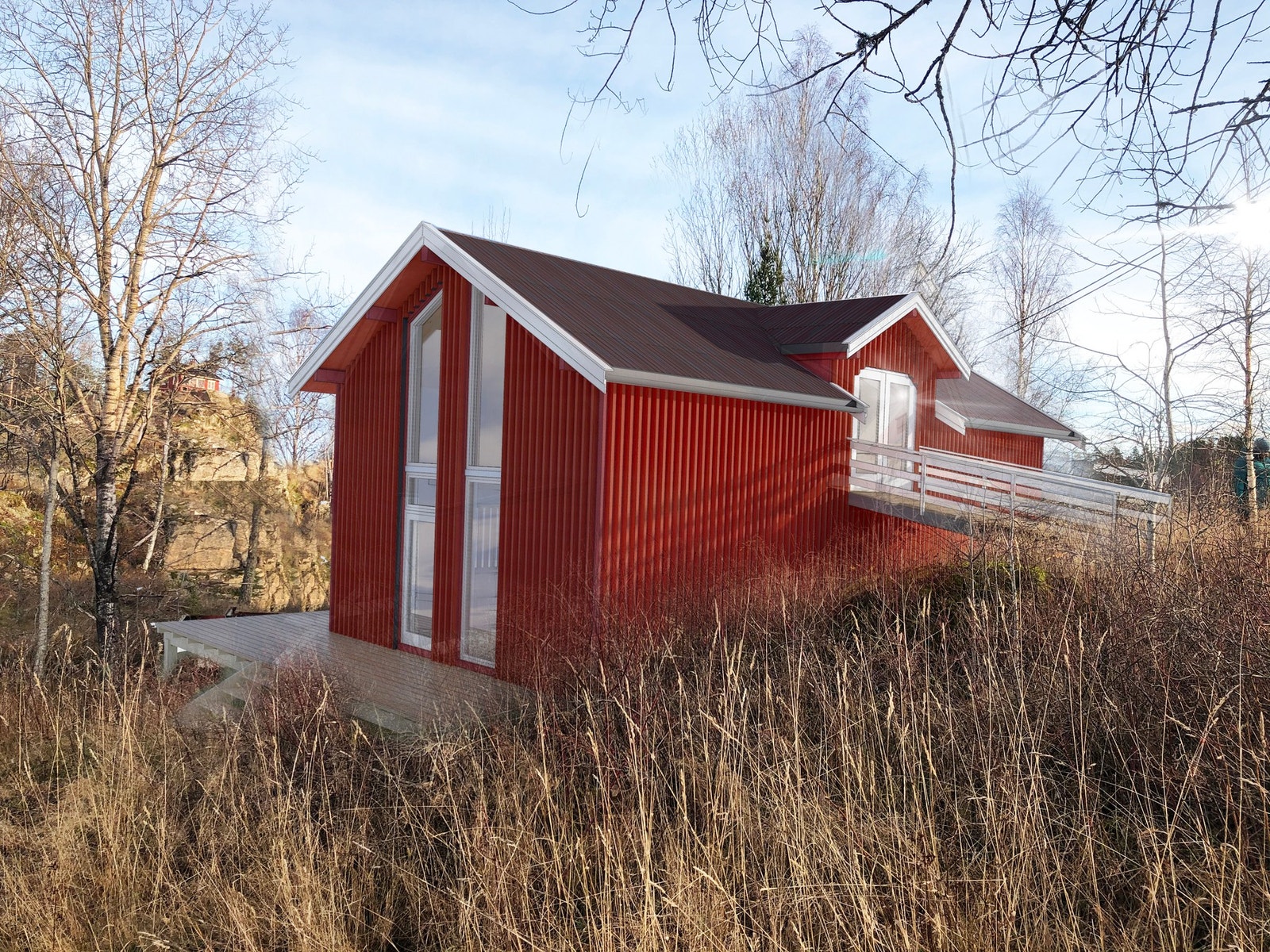 Det er etablert platting utenfor bevertningsdelen. Bilde er redigert og fasaden viser hvordan låven kan bli ved renovering. Merk at fasadendring er søknadspliktig. Galleribilde