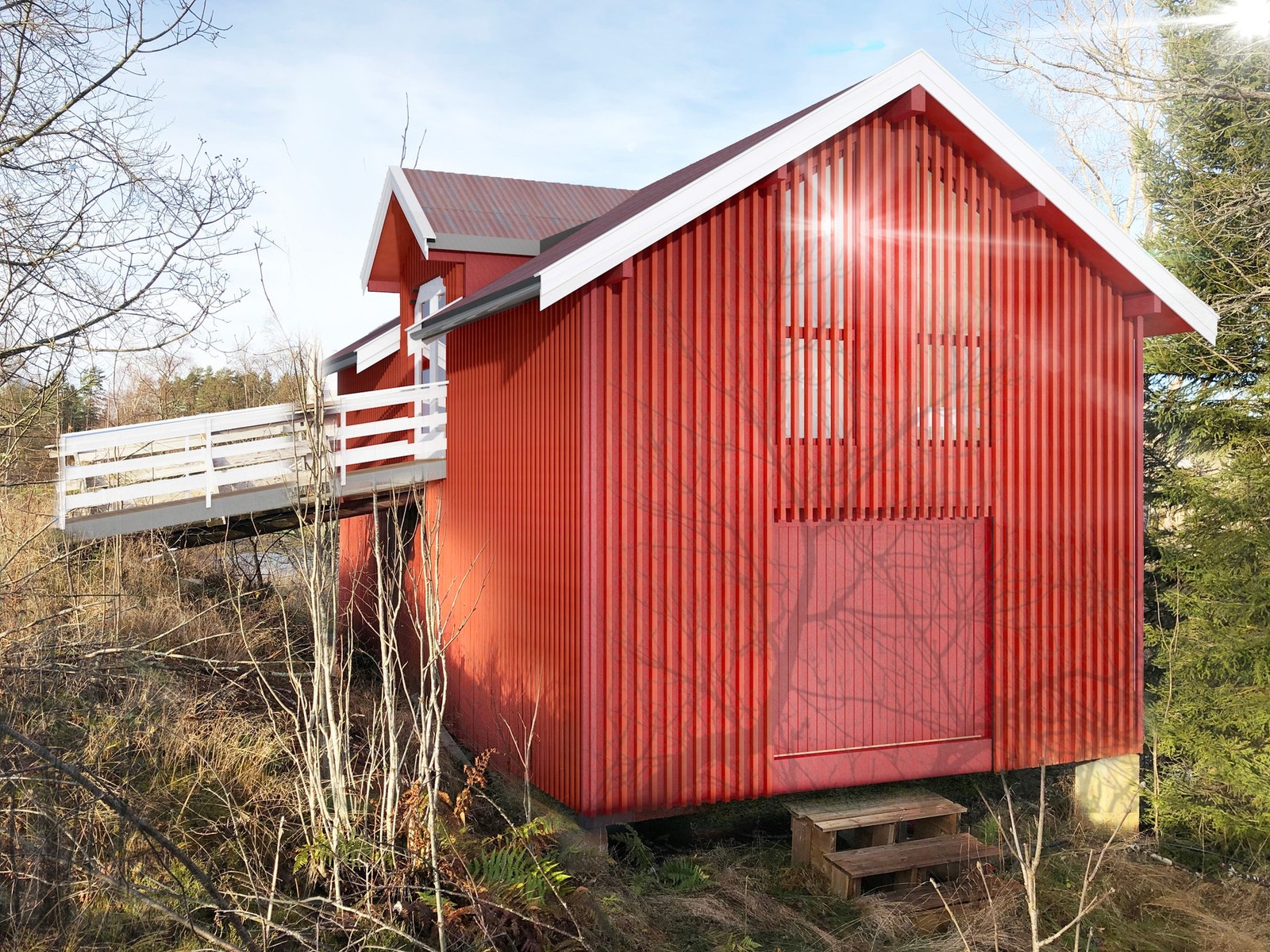 Øvrig del skal brukes til lagring av sykler, mindre båter, kajakker, kanoer m.m. samt uthus for tilhørende hytter. Bilde er redigert og fasaden viser hvordan låven kan bli ved renovering. Merk at fasadendring er søknadspliktig. Galleribilde