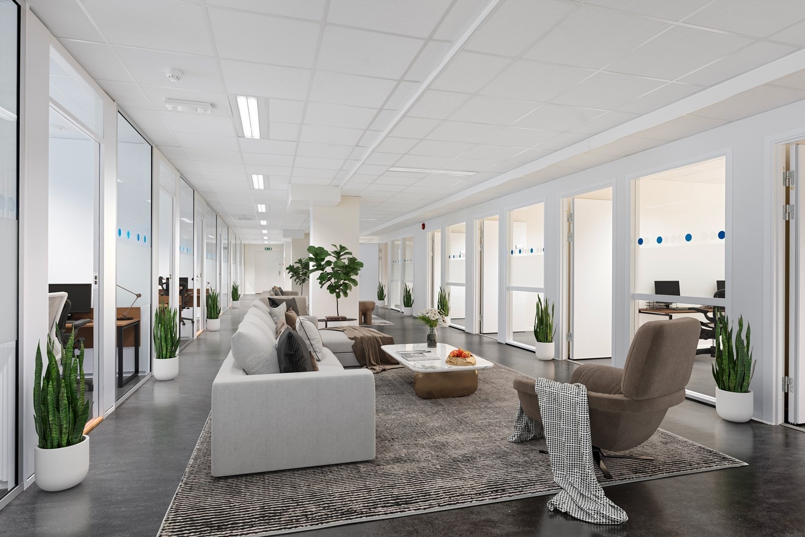 Lyse kontorlokaler med fleksible løsninger. Bildet er digitalt møblert. Galleribilde