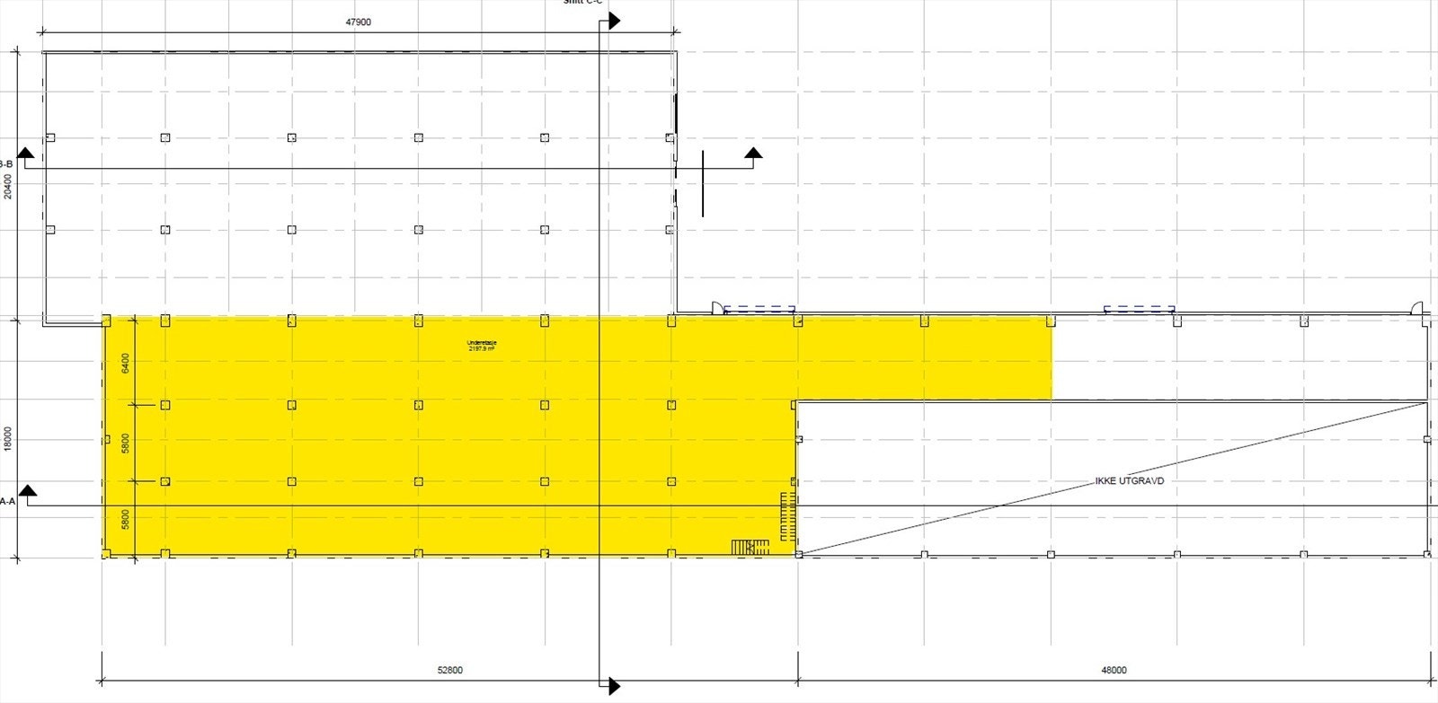 Plantegning ledig lager, BTA 1075 m² (markert med gul farge).